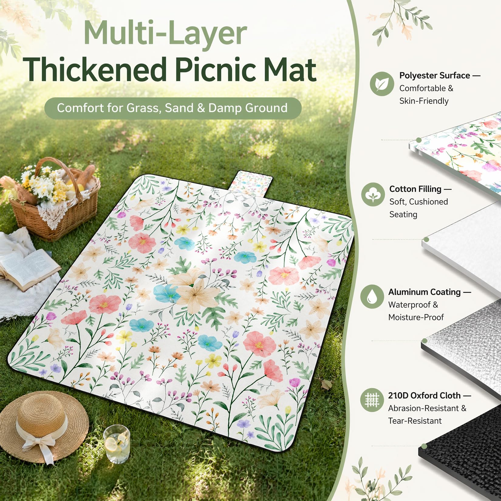 Couverture de pique-nique - 200 x 200 cm - Extra large - Imperméable - Lavable en machine - Couverture de pique-nique - Couverture de plage pour plage, pique-nique, jardin (fleurs)