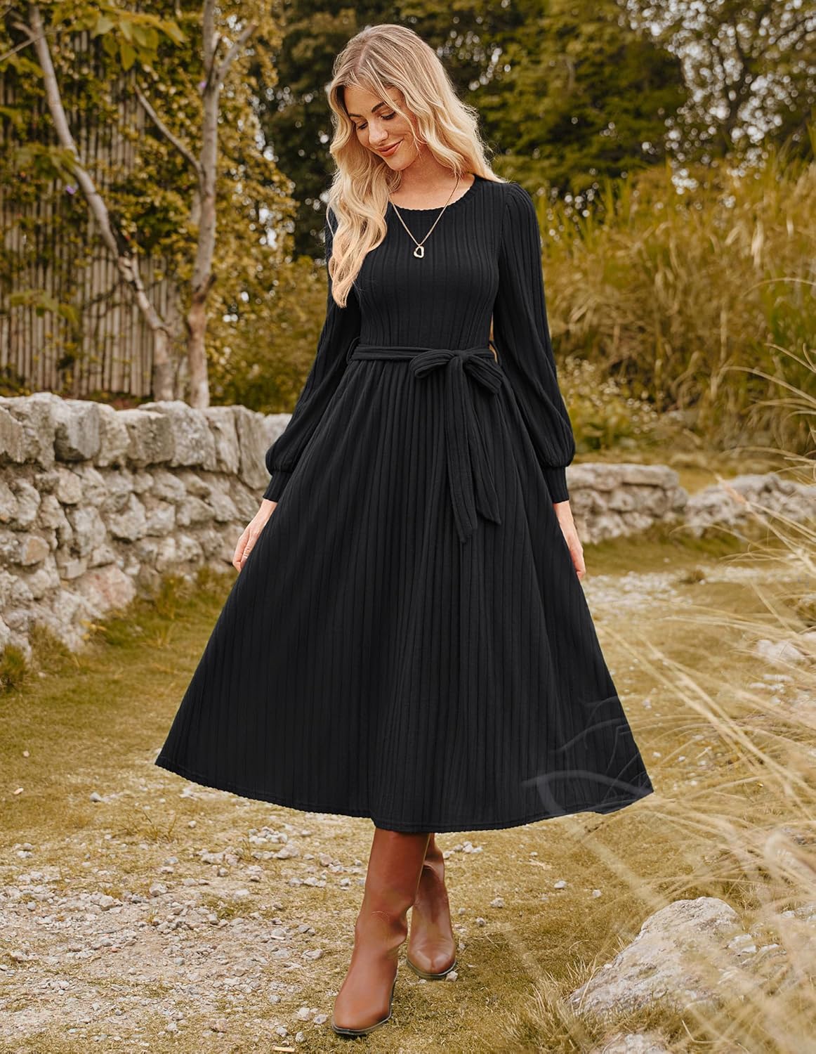 GRACE KARIN Casual Long Sleeve Dress 2025 A Line, Fall Sweater Dresses Ribbed, Crew Neck Midi Dress with Pocket - Image 3