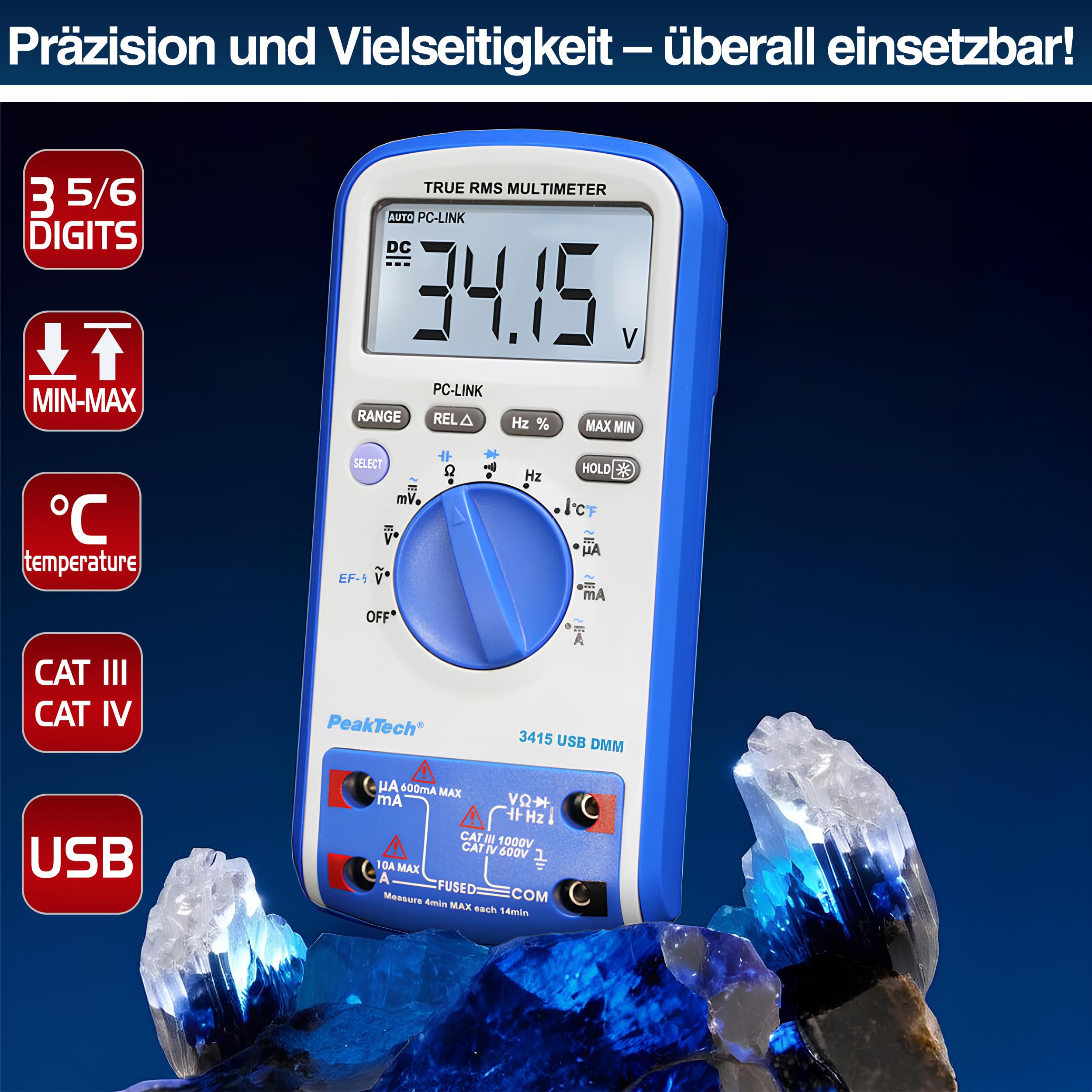 PeakTech P 3415 – TRUE RMS Digital Multimeter 6000 Counts mit USB, Durchgangsprüfer, Temperatur und Autorange - Cat III 1000V/ CAT IV 600V