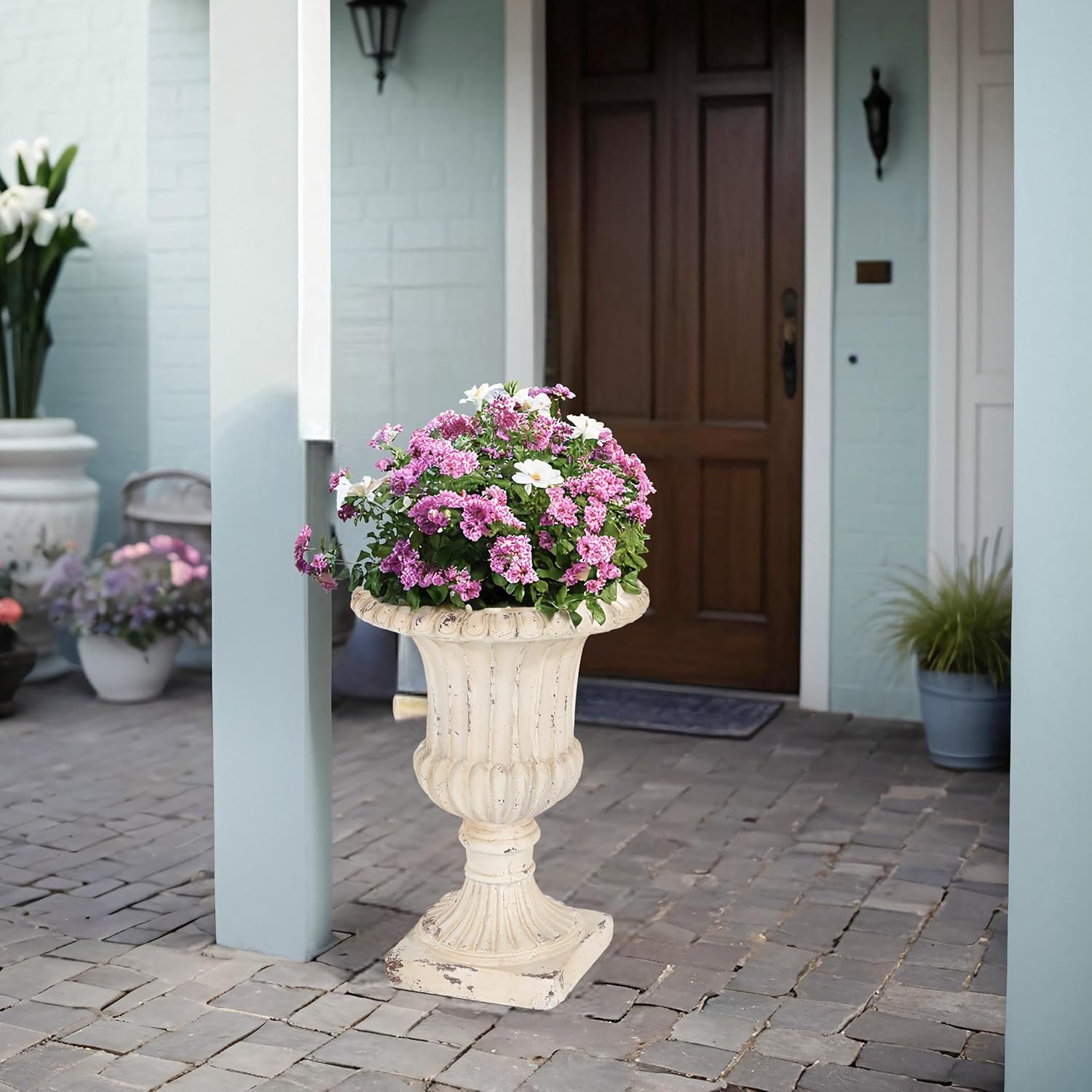 Antique White Urn Planter 19.25" H, Pedestal Planters for Outdoor Plants, Hand-Painted Tall Urn Flower Pot, Durable Magnesium Oxide Decorative Garden Planter for Porch and Patio