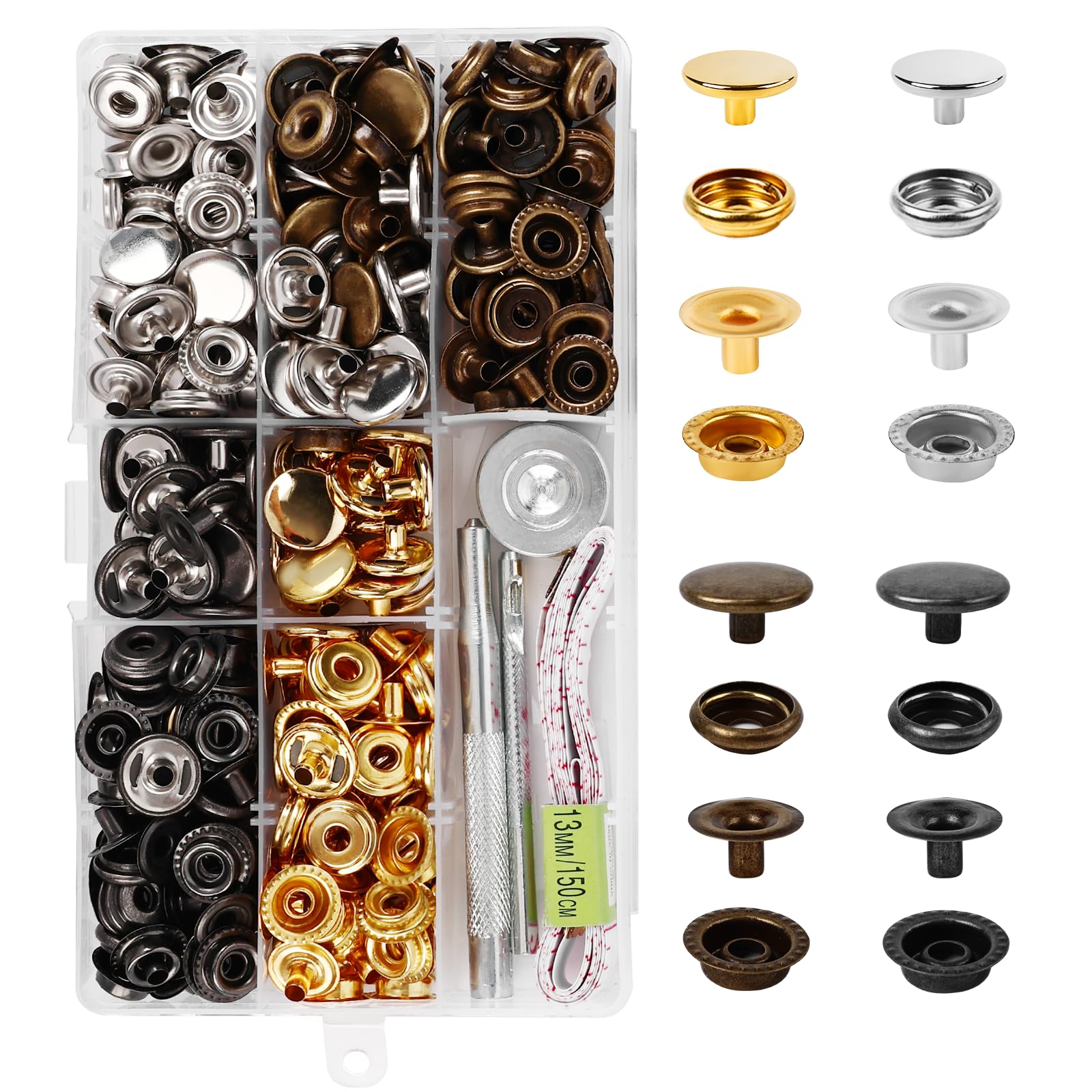 320 Pcs Stainless Steel Snap Button Kit, 15mm Heavy Duty Snap Button Press Studs Cap with 3 Setter Tool & 59'' tape measure, Snap Fastener Kit for Fabric Bag Leather Clothes Boat Canvas (80Set/4Color)