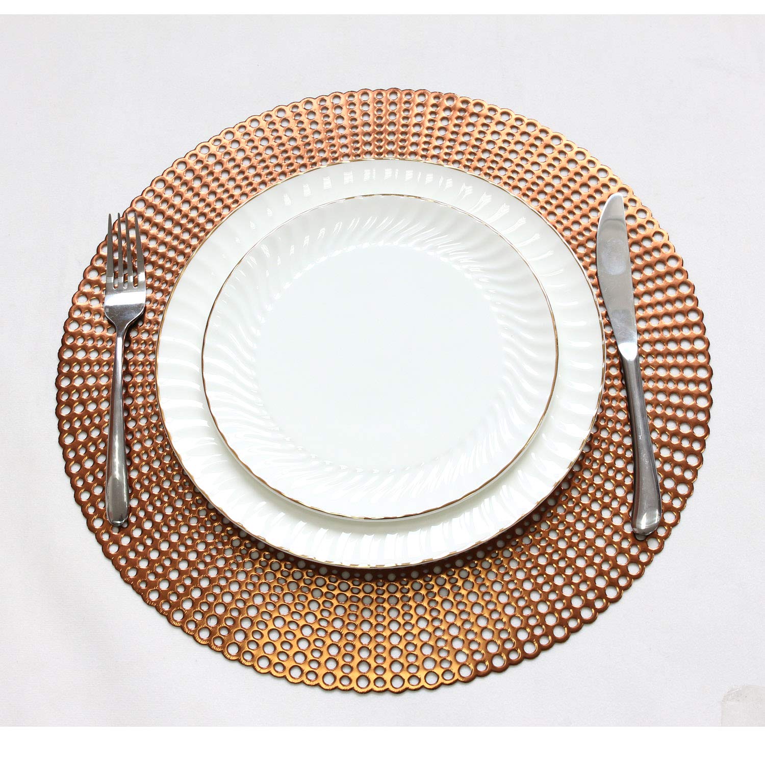 Wintop - Set di 6 tovagliette rotonde in vinile metallizzato, con motivo a goccia di pioggia, per tavolo da pranzo, resistente, antiscivolo, colore: rame