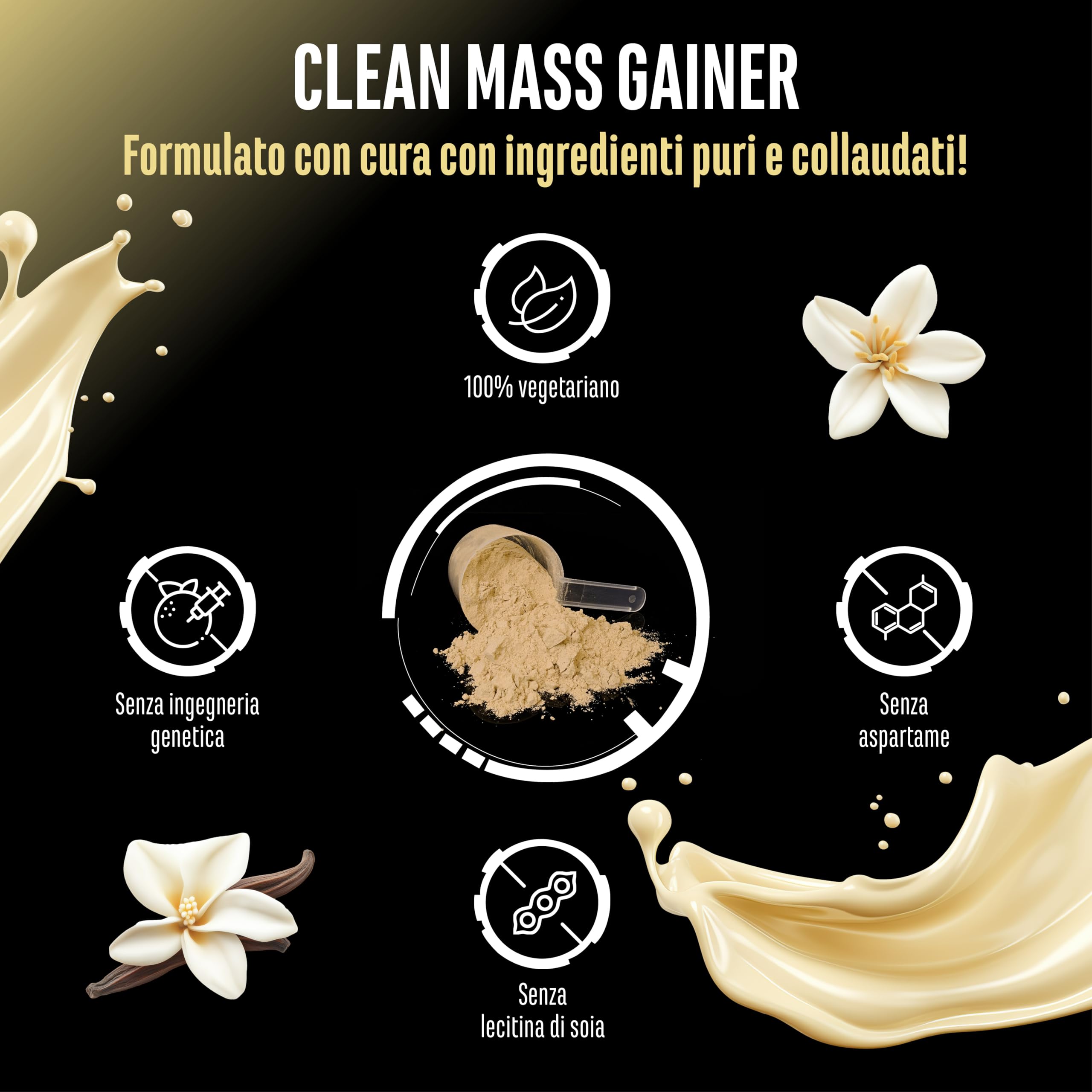 Clean Weight Gainer - 3 kg - Con Carboidrati Complessi e Proteine - Ideale per la Fase di Massa - Polvere per l’Aumento di Massa e di Peso - Vegetariano - Gusto Vanilla
