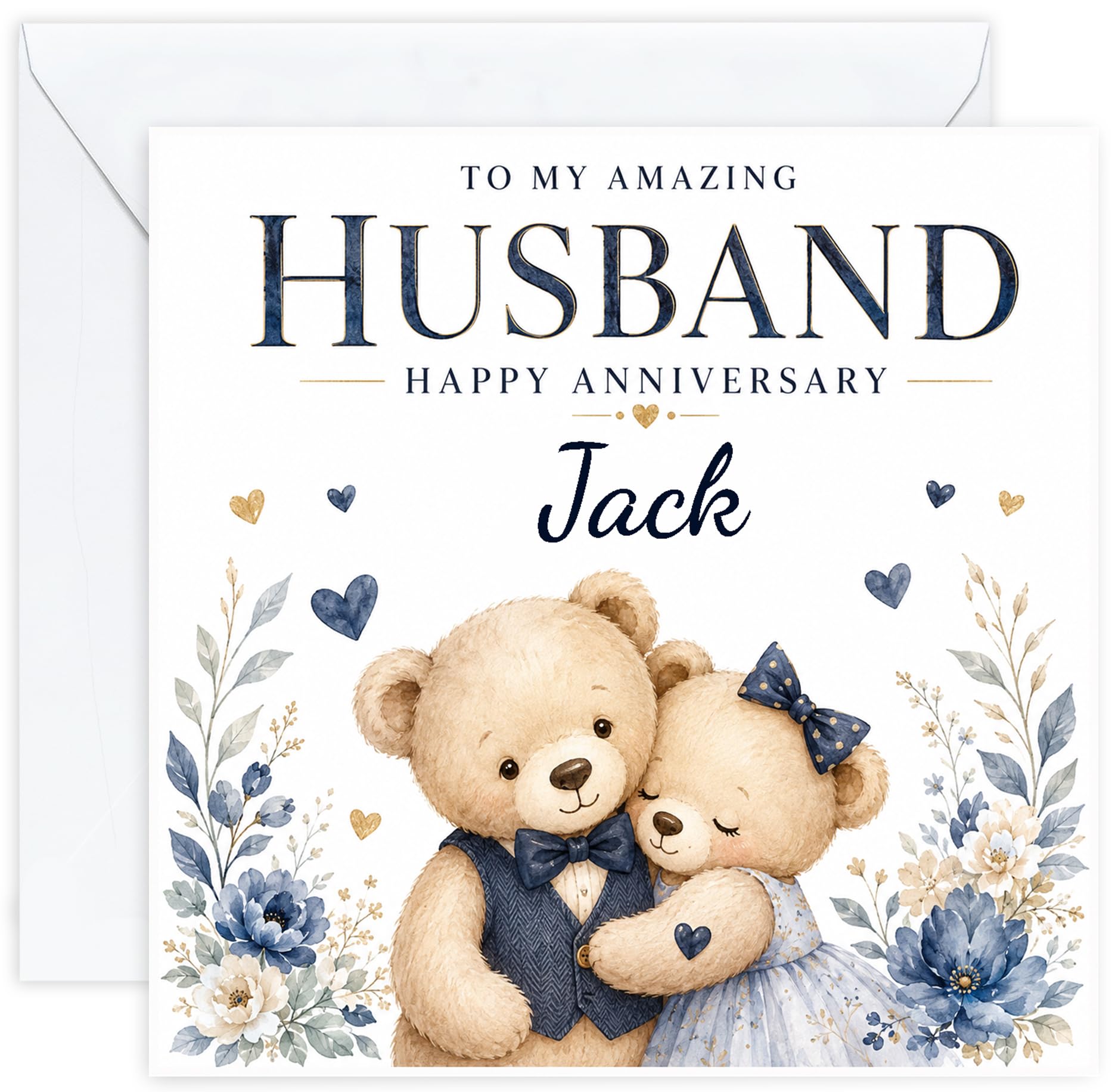 Personalised Anniversary Card for Husband | Cute Watercolour Teddy Bear Card for Him | Add His Name | Romantic Husband Anniversary Card with Optional Inside Message (Design 03)