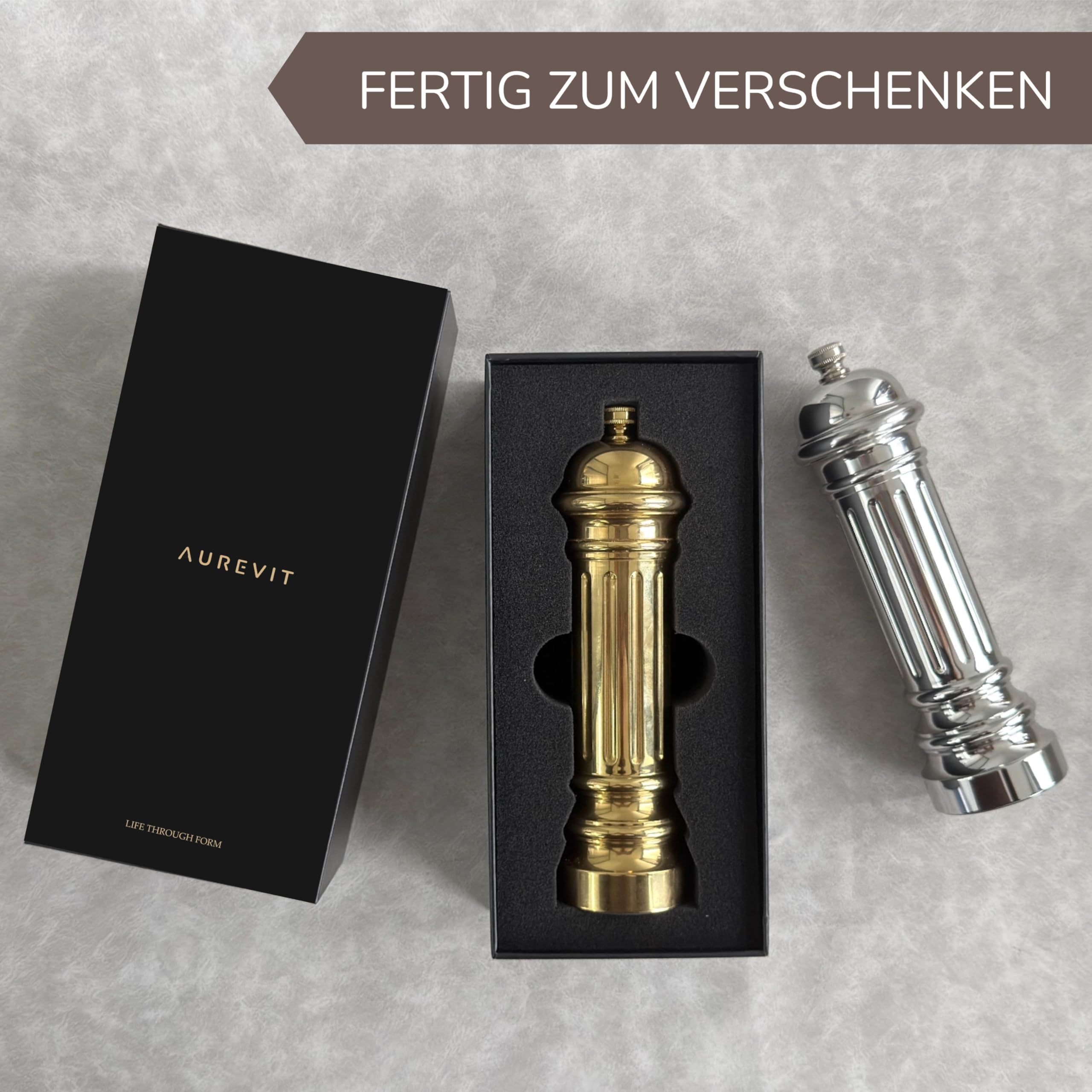 Metall-Pfeffermühle mit Edelstahl-Mahlwerk, Hochwertiger Pepper Grinder mit einstellbarem Mahlgrad, Vollmetallgehäuse, nachfüllbar (Silber)