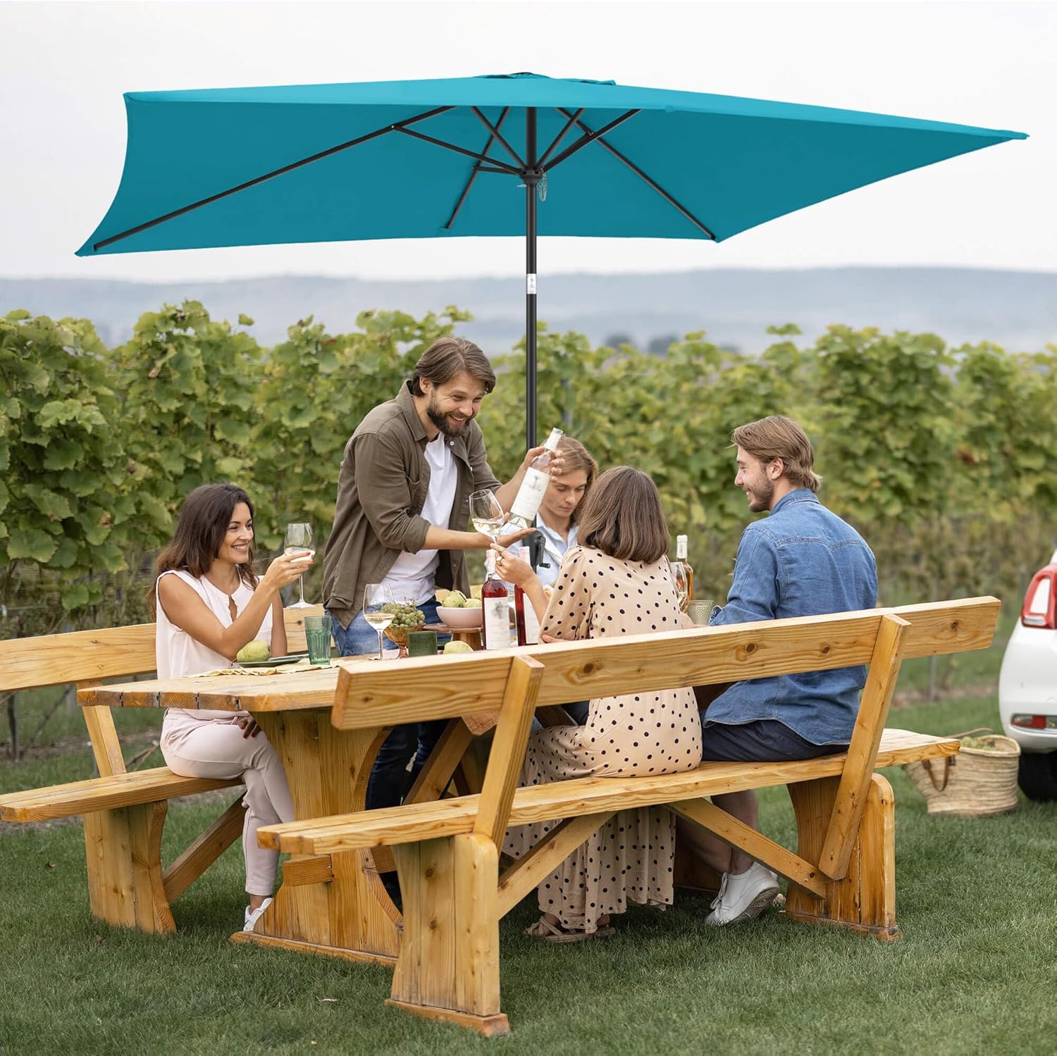 FLAME&SHADE 6.5 x 10 ft Rectangular Patio Umbrella with Push Button Tilt & Crank, Table Market Rectangle Rectangle Umbrella Outdoor for Yard, Pool, Garden, Porch(Aqua Blue)