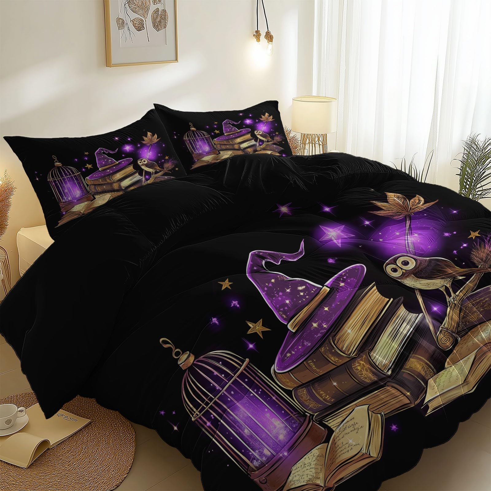 Set di Biancheria da Letto con Stampa Cartone animato Fantasy Tema Harry Potter, Copripiumino con Cerniera, 200 x 200 cm Incluso 2 Federe, Biancheria da Letto per Ragazzi e Ragazze, Nero