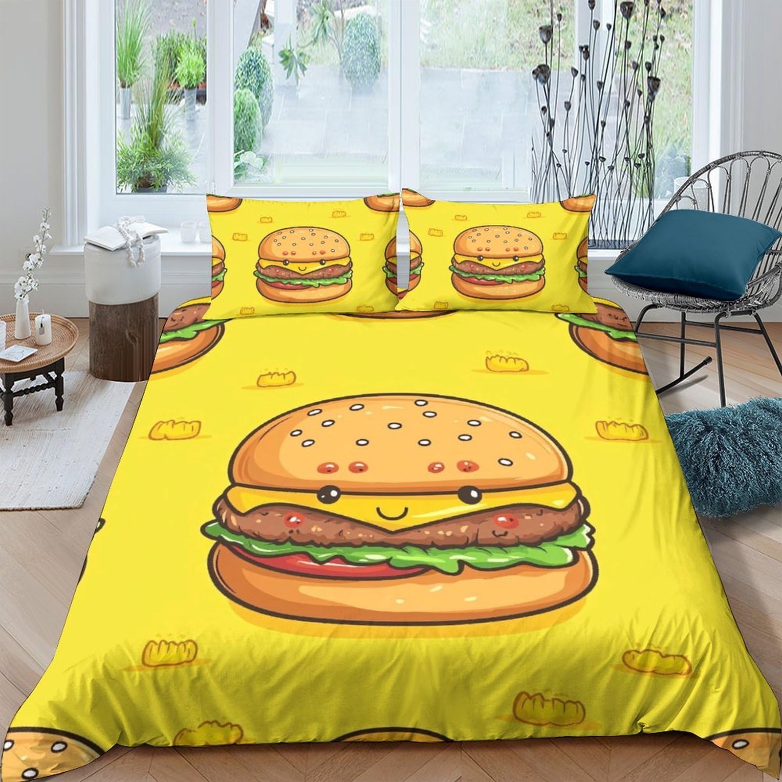 Ctjqhvkz Style-3 3D Printed Cartoon Hamburger Fitted Sheet Microfiber Yellow Fun Burger Mattress Cover For Bedroom Dorm Home Decor Single（135X200cm）