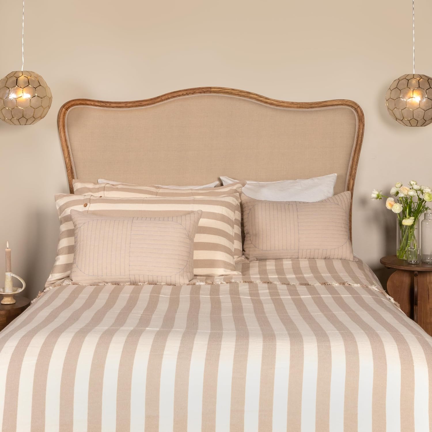 Creative Co-Op Modern Farmhouse Solid Oak Wood Headboard with Linen Upholstery, Natural and Beige, Queen