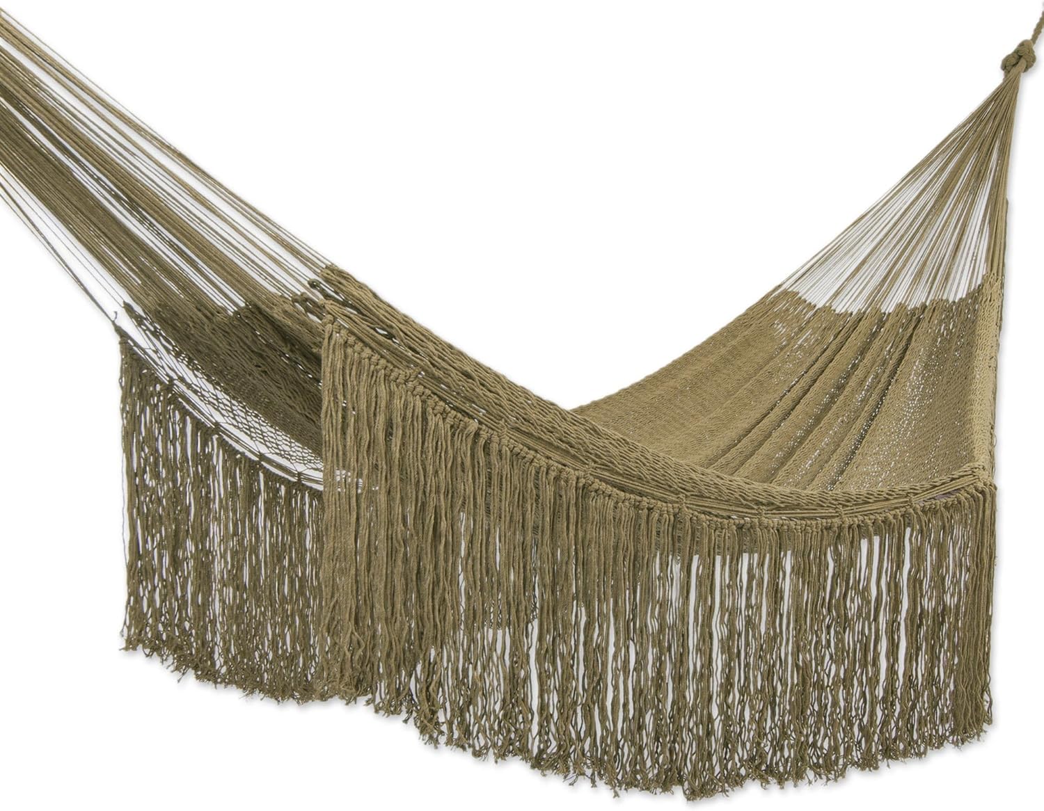 NOVICA Artisan Handmade Cotton Rope Hammock Fringed Olive Green Double Mexico Solid Tropical Decor Maya [Bed Size 75in L x 79in W Total Length 150in L Fringe 15.75in L] ' Olive Cascade' Double