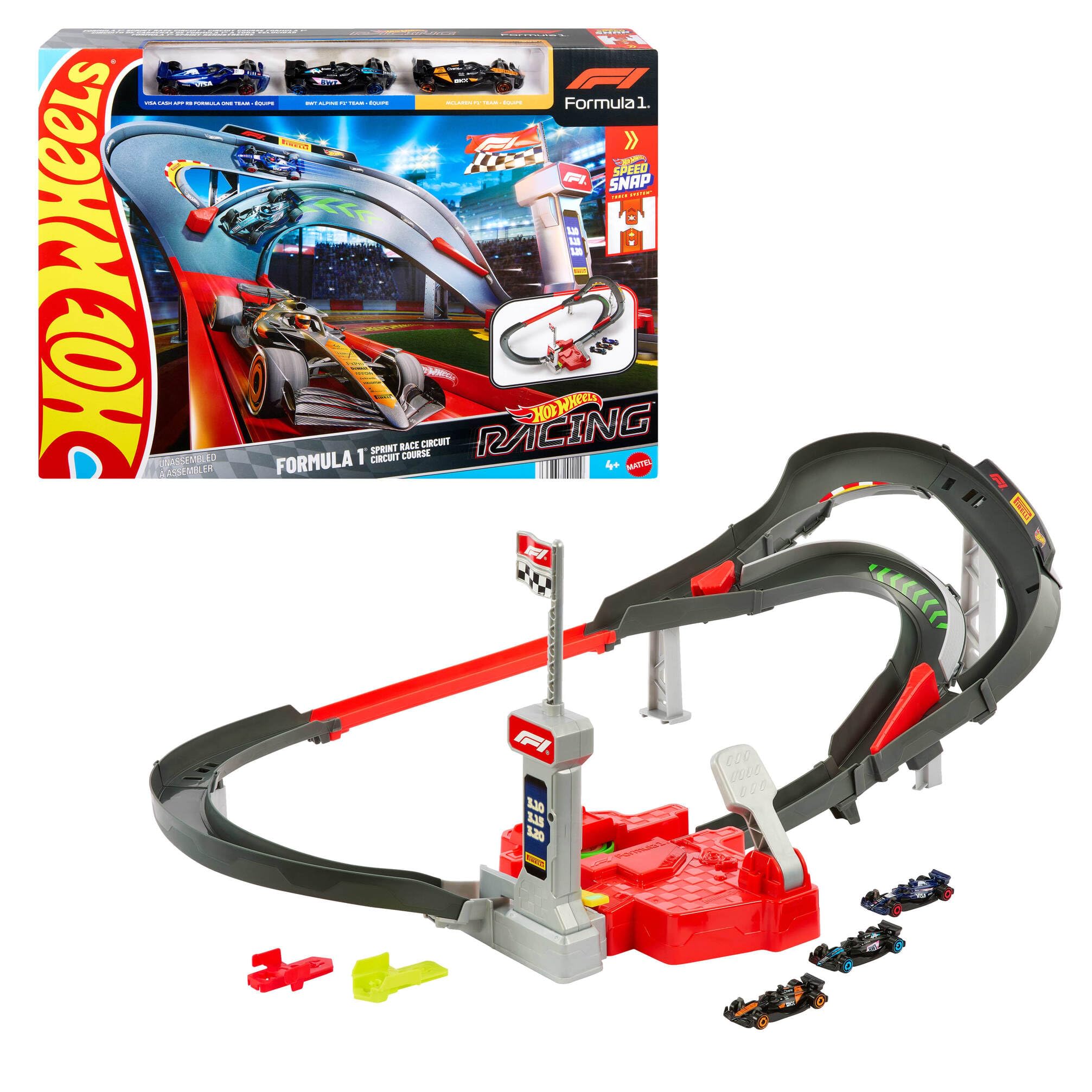 Hot Wheels Conjunto de pista coches de juguete, 3 vehículos metálicos de Formula 1 a escala 1:​64: McLaren F1 Team, Alpine y VCARB, Circuito de carreras a gran velocidad uno contra uno, JDY15