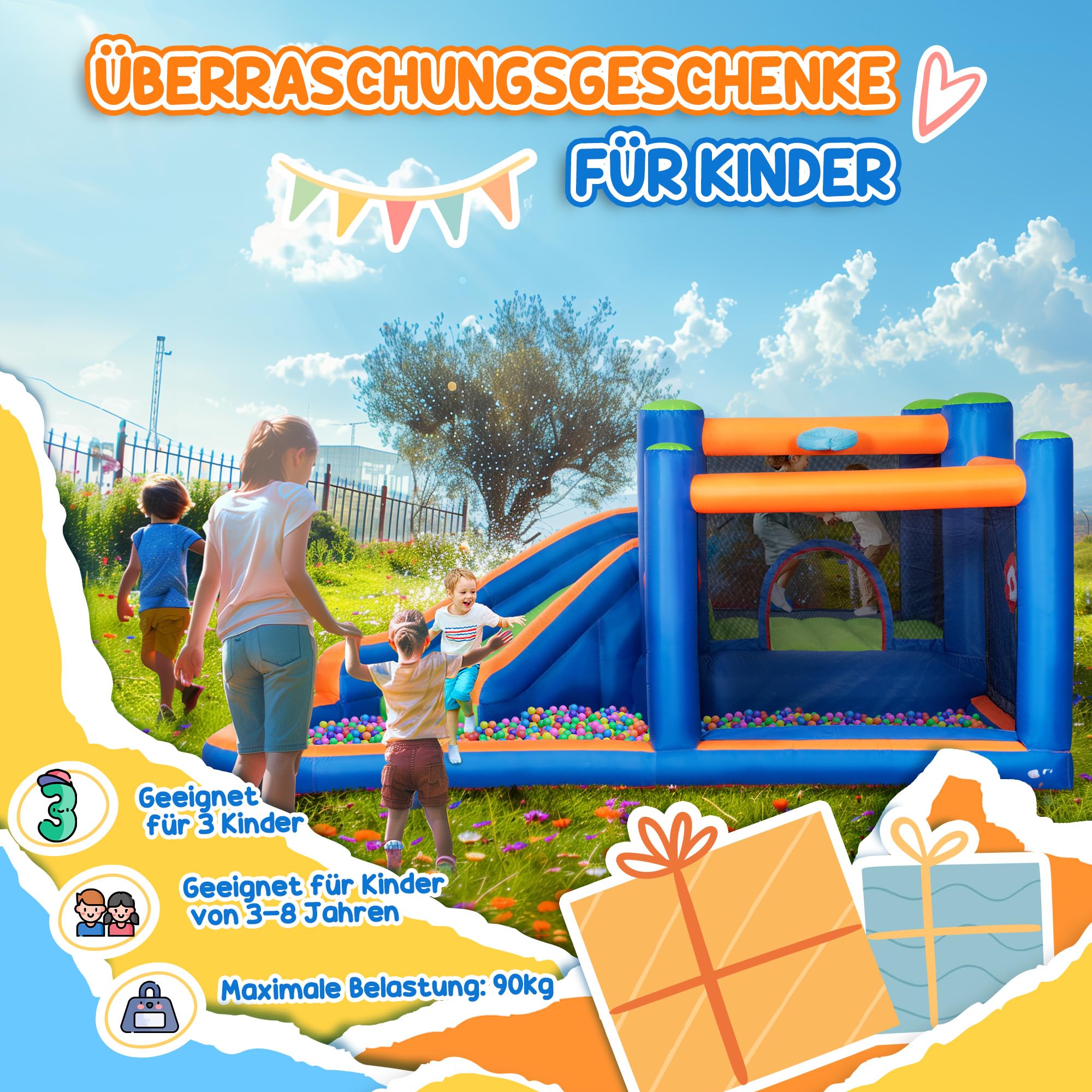 Outsunny Aufblasbare Hüpfburg Wasserpark mit Gebläse Hüpfburg mit Wasserrutsche Basketballkorb Aufblasbare Wasserspielcenter für Kinder ab 3 Jahren Trampolin Pool 380 x 340 x 170 cm