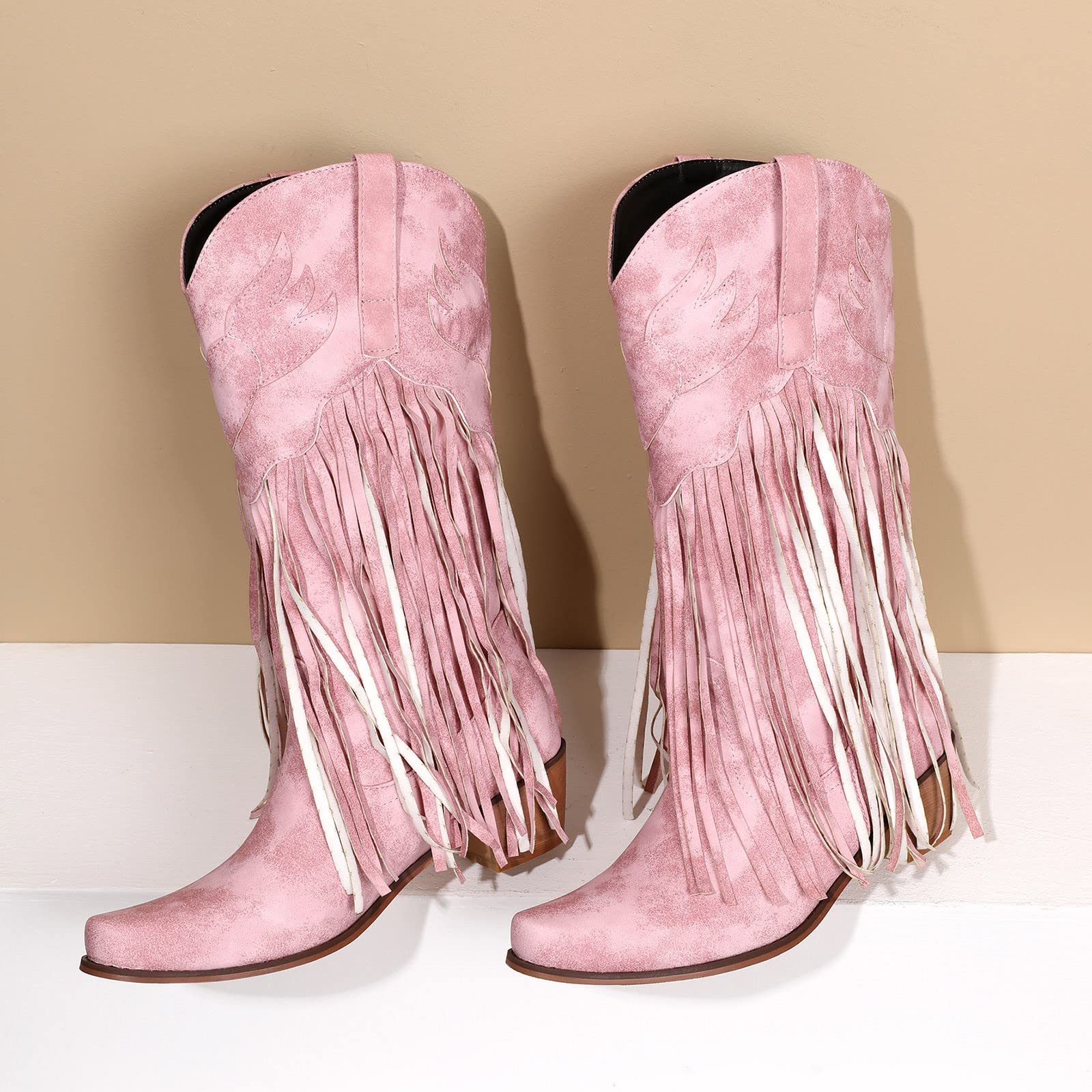 Stivali da Donna Comodi Stivali con Tacco Grosso Stivali a Punta con Frange Stivali al Ginocchio Occidentali Stivali Medi Scarpe Gomma Pioggia Stivali Campagna 38