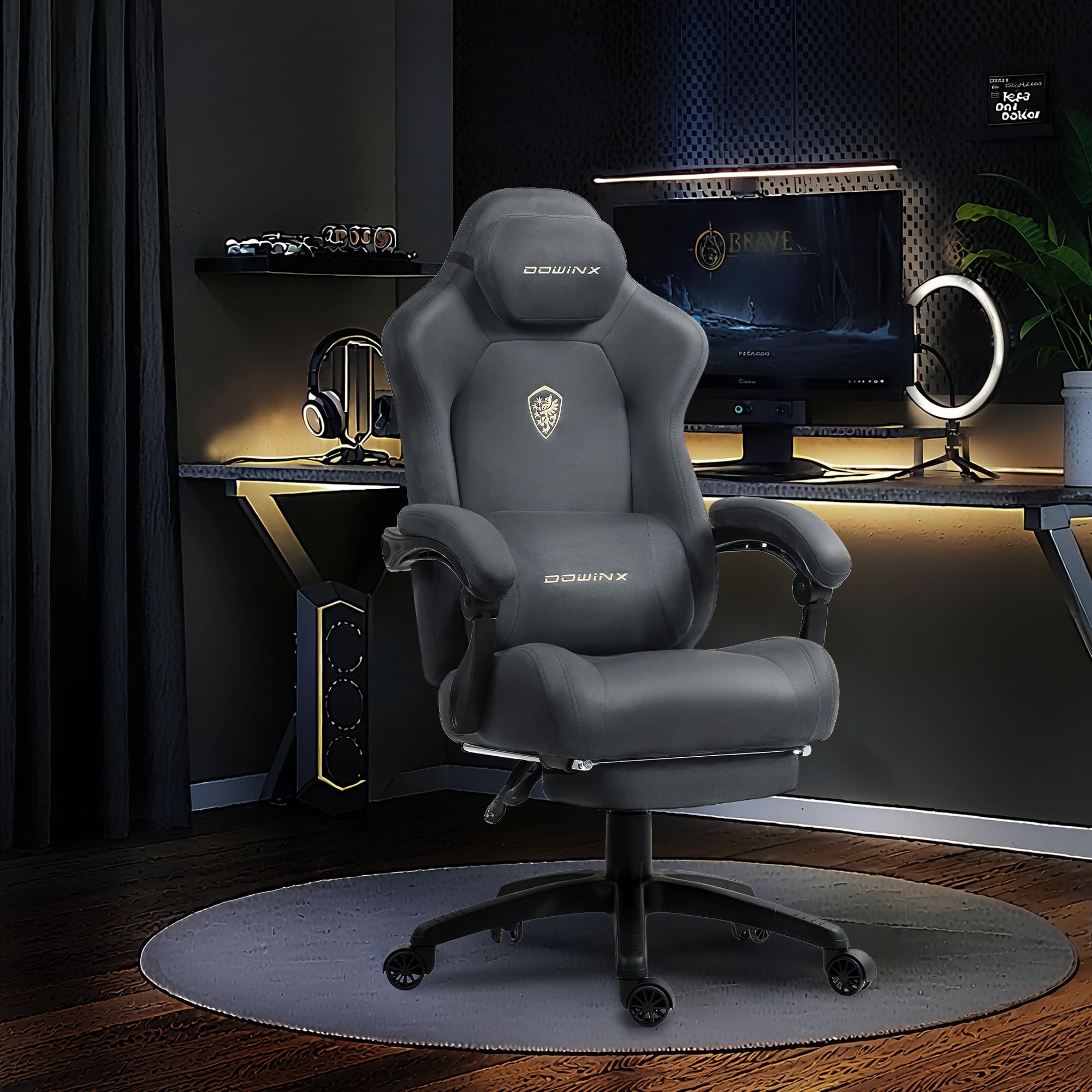 Dowinx Silla de gaming ergonómica con cojín lumbar de masaje, reposacabezas regulable en altura, acolchado de asiento grueso, reposapiés extensible, reposabrazos ajustables, terciopelo de microfibra