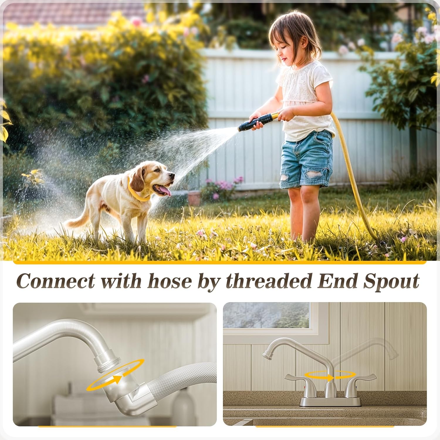 Phiestina Brushed Nickel Utility Sink/Laundry Faucet, 4 Inch Centerest 2 or 3 Hole Rotatable Swivel 360° Spout with Garden Hose Threaded End, with Water Supply Line, BF25-7-BN - Image 4