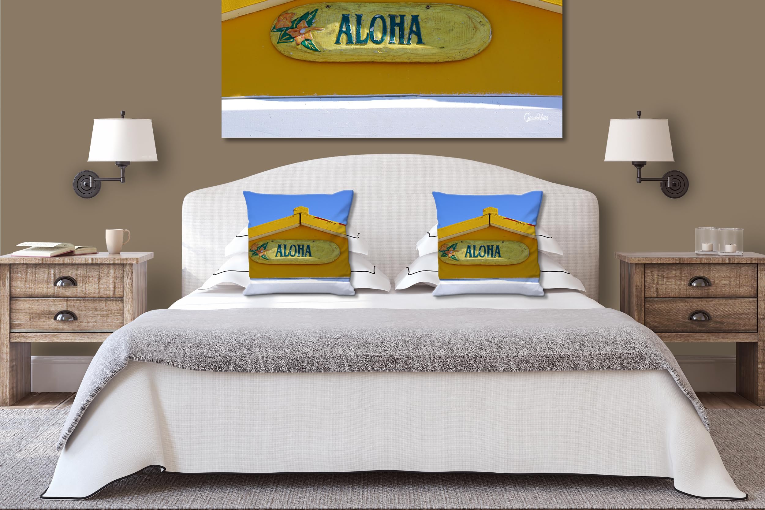 Giebel in gelb - Foto-Kissen-Hülle Set (2 STK.) 40 x 40 cm | Kissen-Bezüge - passend zu Wandbild - Deko-Kissen - Fischerhütte Haus Strand Meer