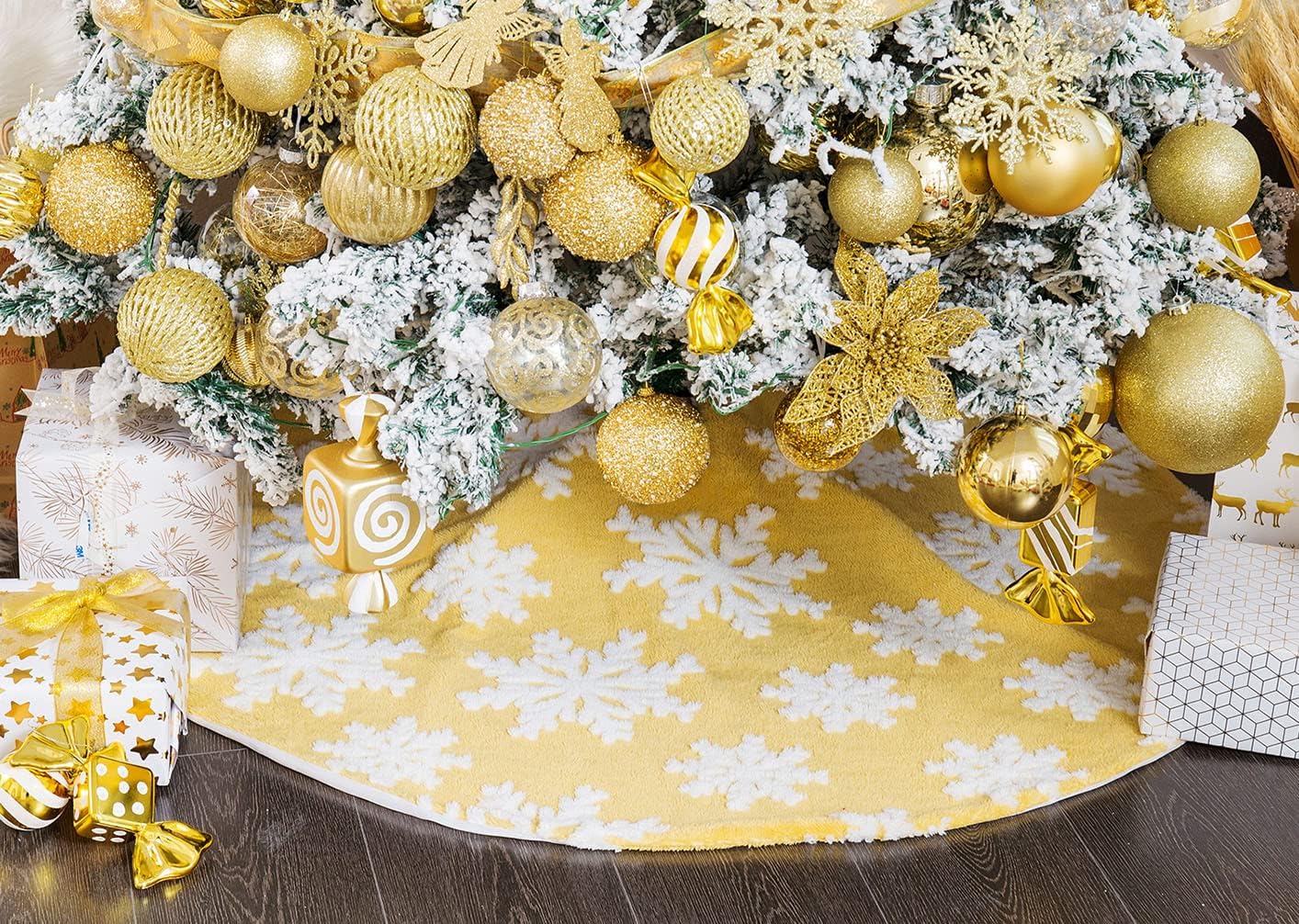 Christmas Tree Skirt 36 Inch Snowflake Faux Fur Xmas Tree Skirts Ornament Double Layers Large Tree Mat for Winter New Year Holiday Party Decoration (Yellow)