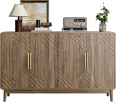 Sideboard Buffet Kitchen Storage Cabinet with 4 Doors, Modern Accent Cabinet with Adjustable Shelves, Rustic Multifunctional Console Table for Living Room, Kitchen, Entryway, Hallway