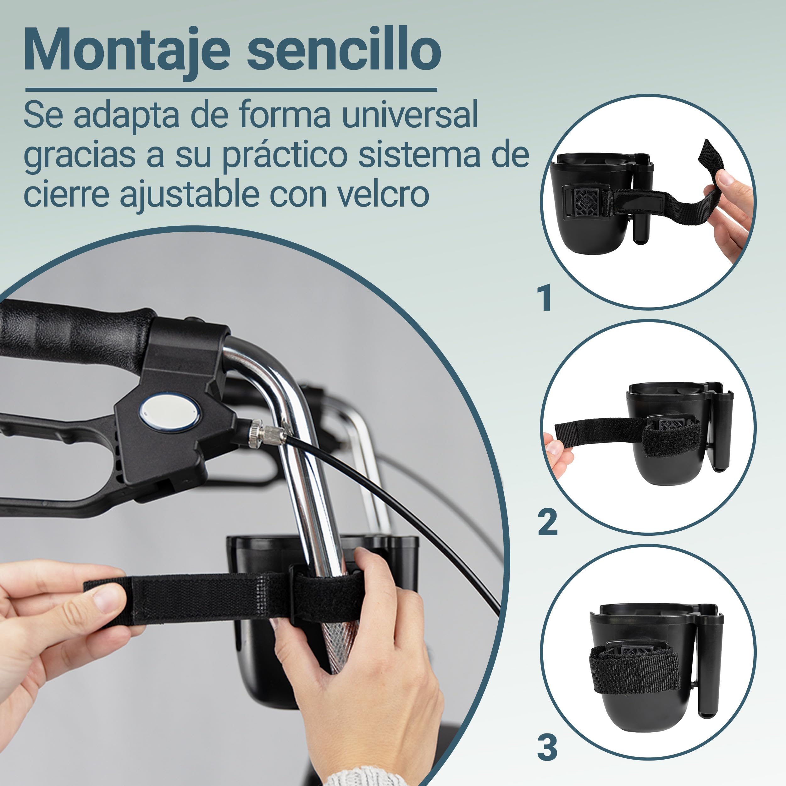 Zamboo Portavasos y Soporte para Movil para Silla de Ruedas, Andador y Ayudas a la Movilidad | Porta Botellas Universal 2 en 1 para Bebidas y Smartphone, Giratorio 360° | Fácil instalación – Negro