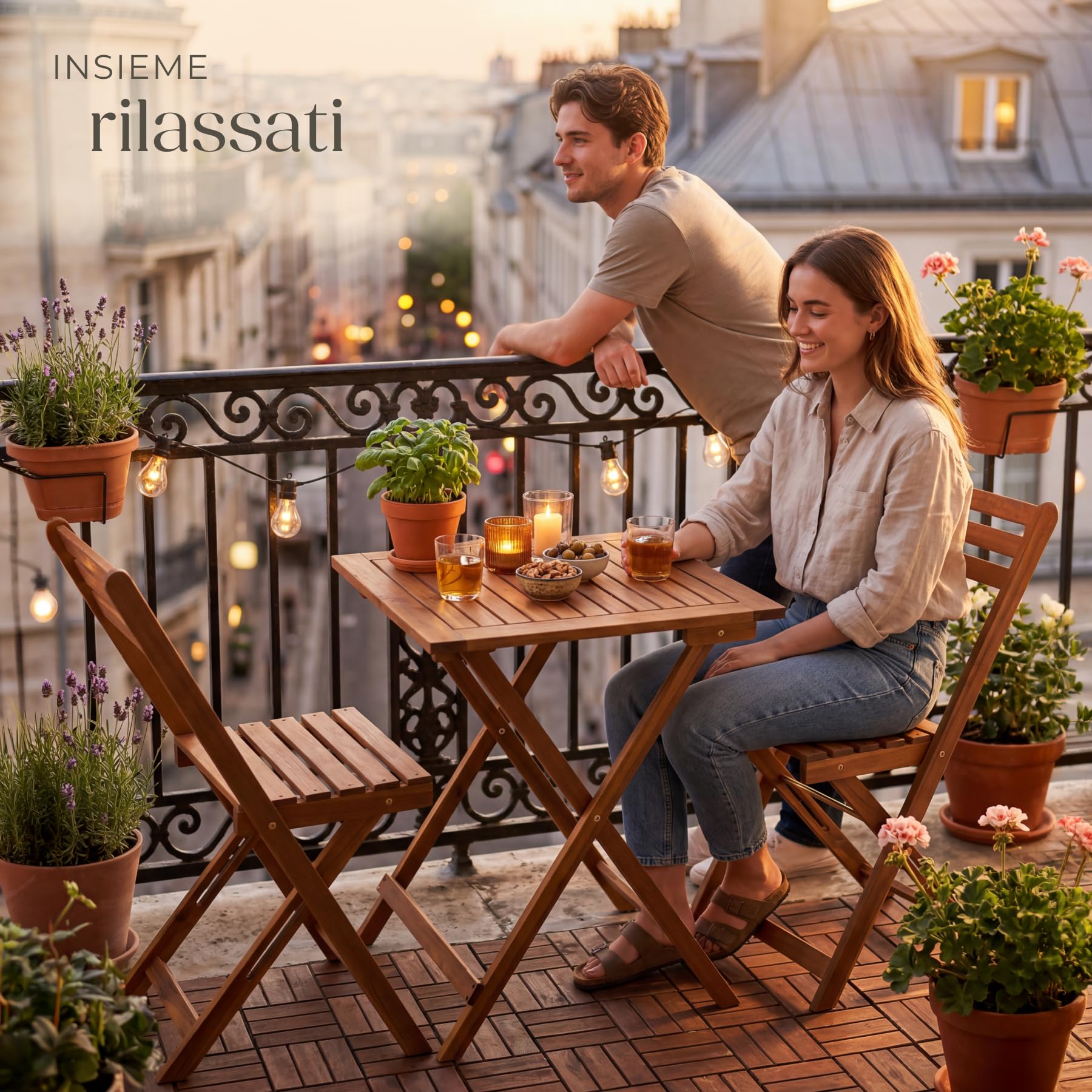 tectake® Set Tavolo e Sedie da Giardino, Set Pieghevole con 1 Tavolo da Esterno 60x60x74,5 cm e 2 Sedie da Esterno, Legno di Acacia, Design a Doghe, Struttura a X, Ideale Balcone, Terrazzo e Giardino