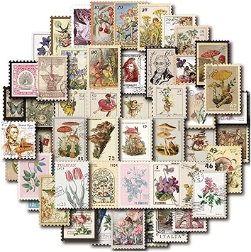 Vintage Postage Stamp Stickers for Scrapbook, 100 Pcs Deco Paper Stickers for Bullet Journal,Botanical Fairy Sticker for Junk Journal, DIY Crafts,Collage Album (Stamp-Like)