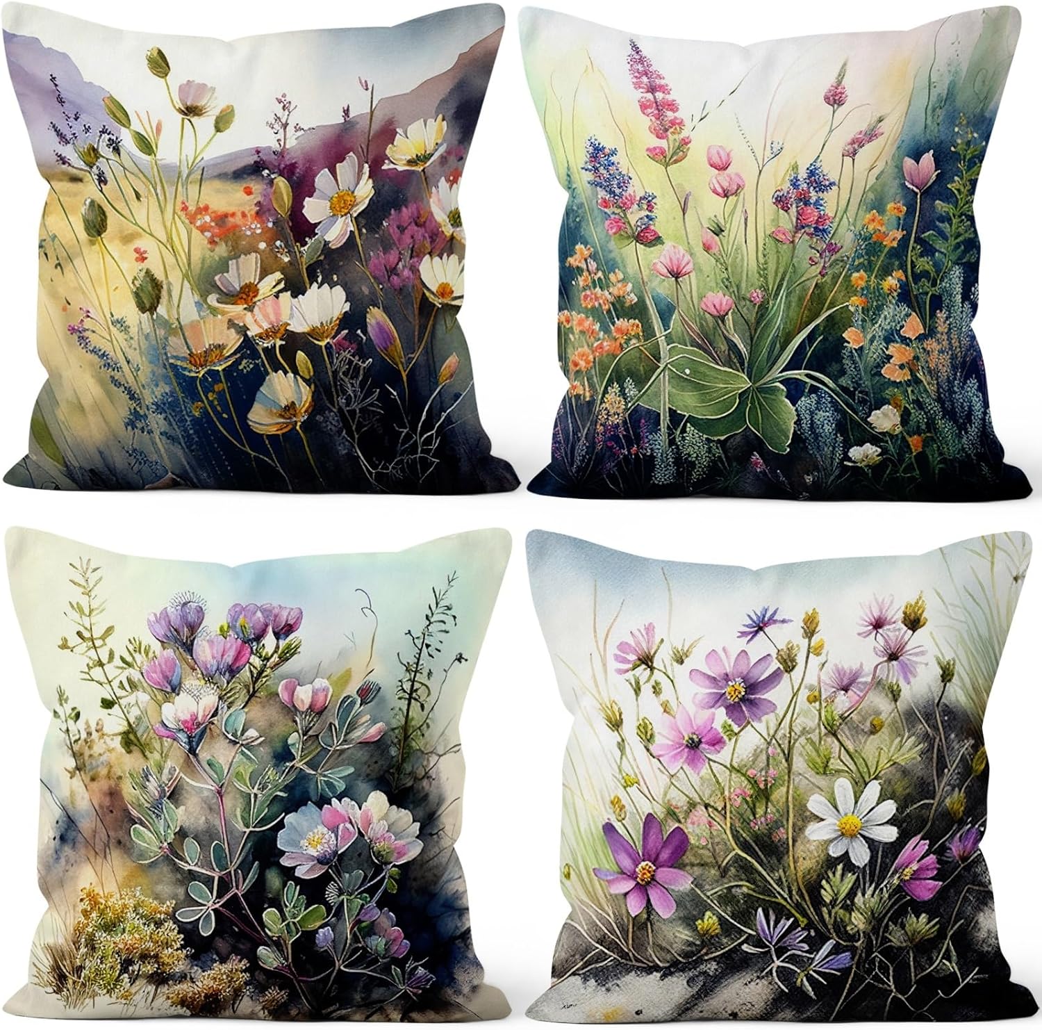 Wild Flower Throw Pillow Covers 22''x22'' Set of 4, Spring Blooming Floral Garden Pillowcases Colorful Printed Cushion Covers for Couch Sofa Home Bedroom Farmhouse Livingroom Patio Car