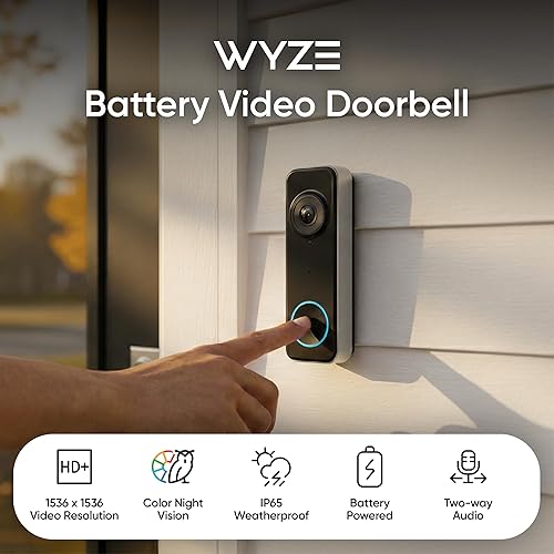 Vista 2 de Wyze Timbre de video con batería, cámara inalámbrica, 1536 x 1536 HD+ con visión nocturna a color, audio de 2 vías, vista 1:1 de cabeza a pies