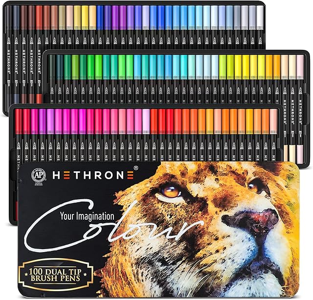 Hethrone Colouring Pens for Adults - 100 Colors Dual Tip Brush Pens Watercolour Fineliner Art Markers for Artist Beginner Drawing Calligraphy