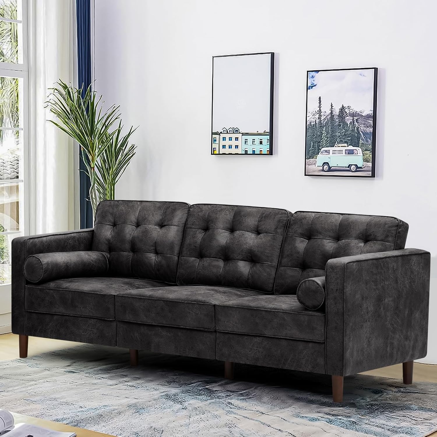 84" Suede Leather 3 Seater Sofa with Two Bolster Pillows, Tufted Sofa with Wooden Legs, Mordern Couch for Living Room, Office, Apartment, Black - Thumbnail 2