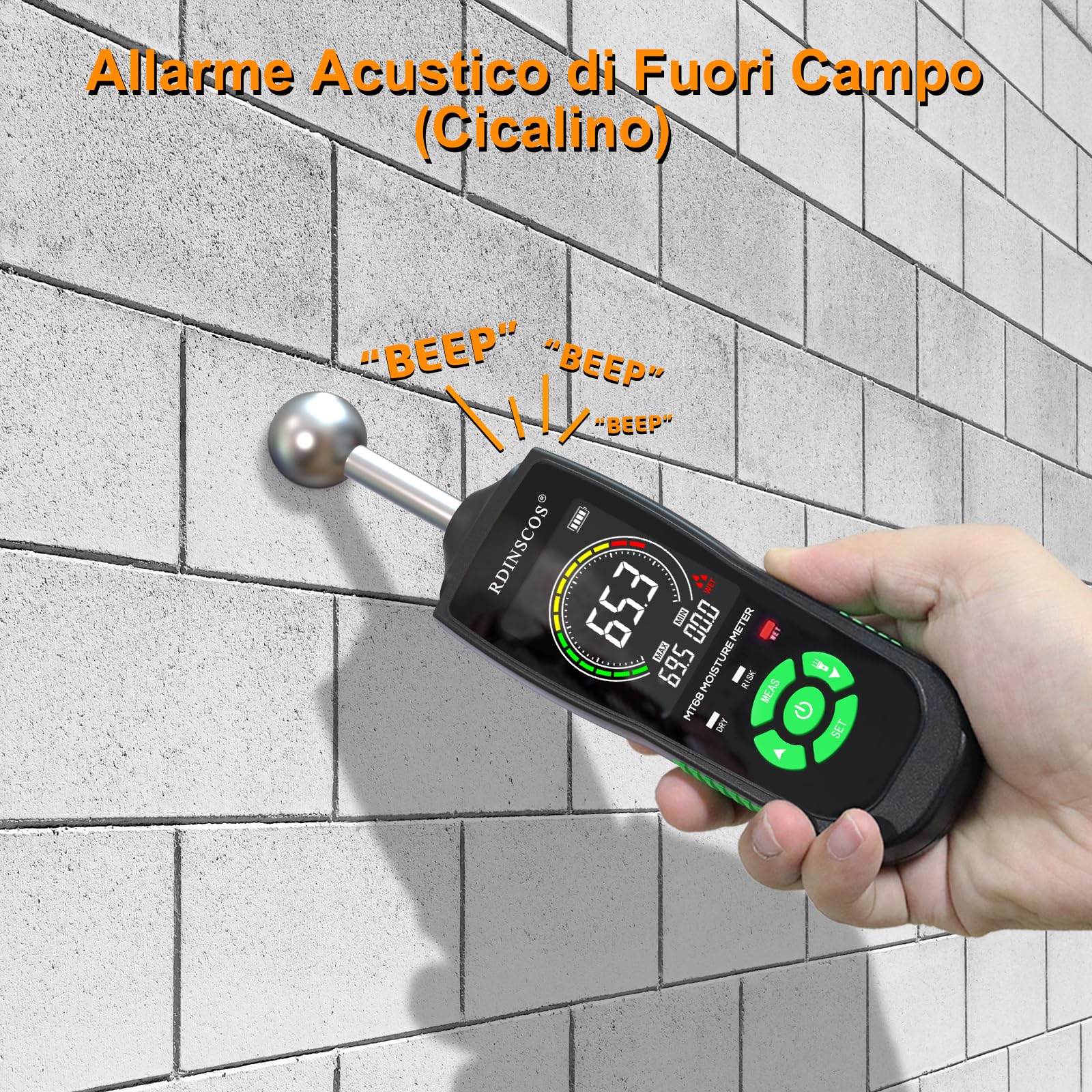 Misuratore Umidità Muri, RDINSCOS Rilevatori Di Umidità Igrometro Professionale Senza Ago con Funzione di Allarme Analisi Della Profondità di 5-40 mm,per Parete, Legno,Intonaco,Muratura (MT68)