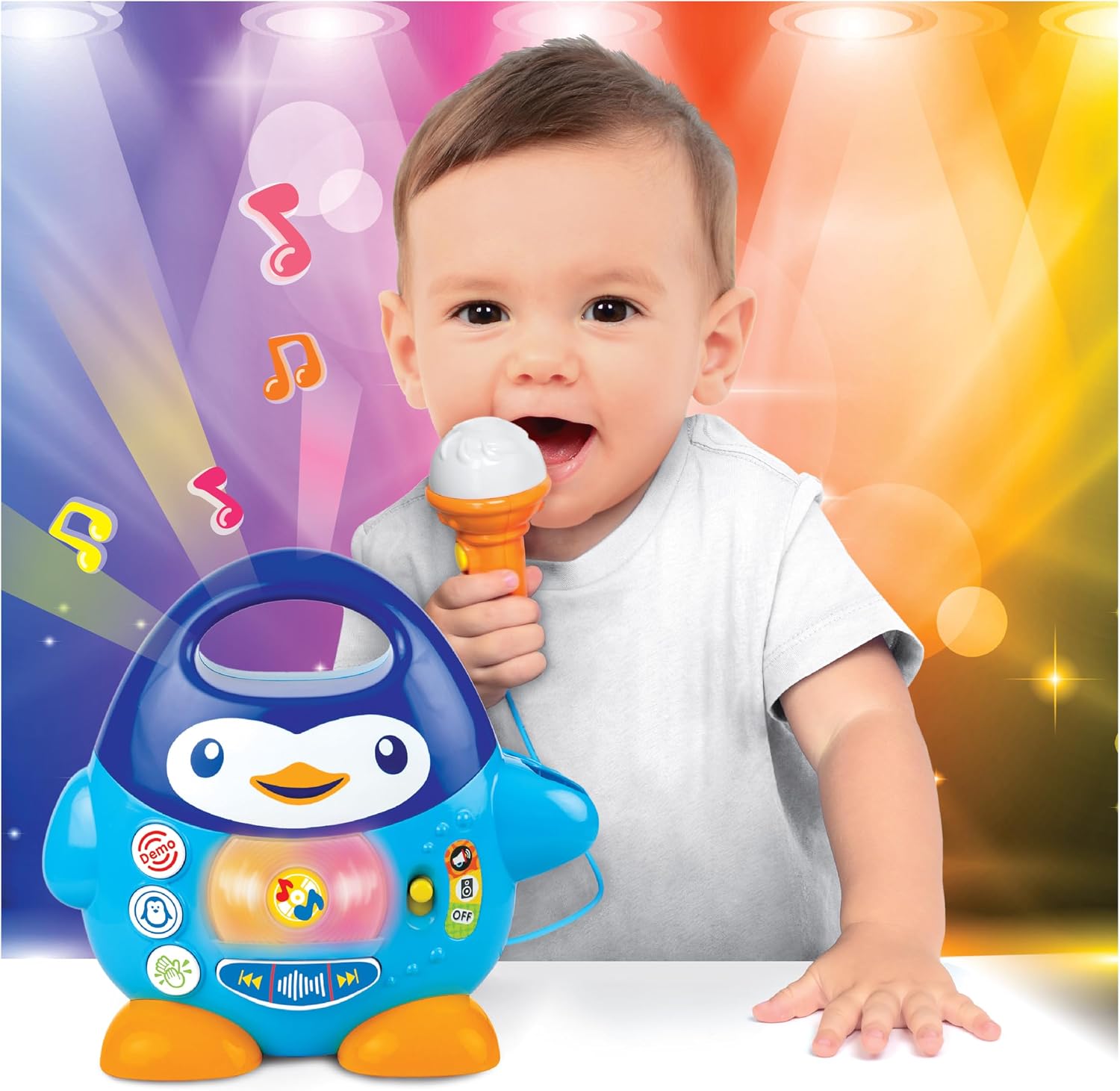 Winfun Penguin Music Player with Microphone for Toddlers 18 Months+ | Sing-Along Toy with Lights, Echo Effect, Animal Sounds, Applause Button | Portable Musical Toy for Kids | Batteries Included
