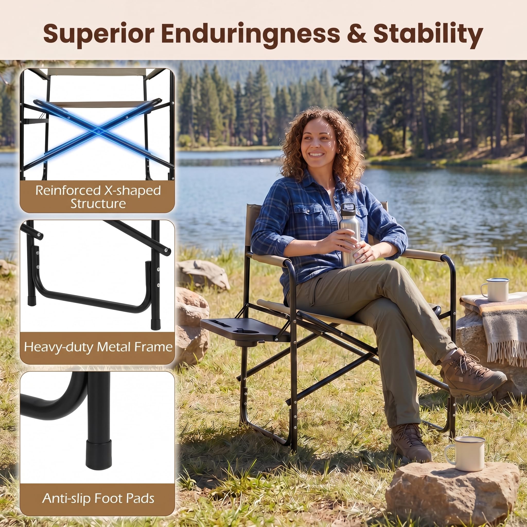 SOARS Sedia da Campeggio Pieghevole Leggera con Tavolino, Marrone | Sedia Regista Portatile con Portabicchiere, in Metallo Resistente, per Pesca e Picnic, da Giardino e Spiaggia, Max 160 kg