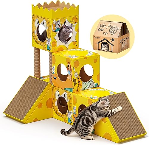 PalNests DIY Cardboard Cat House, Multi-Level Cat Tree Tower with Scratching Pos