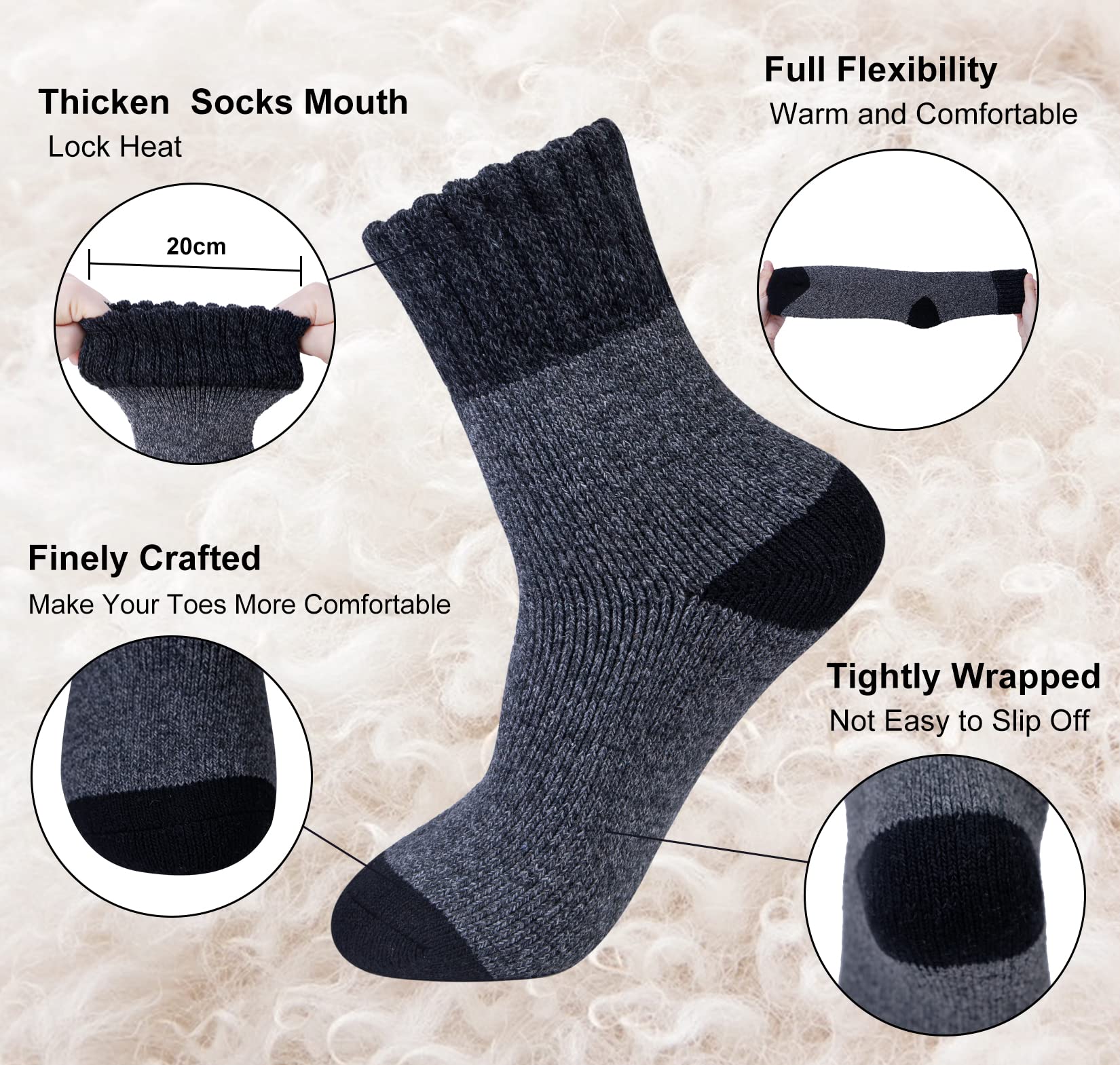 Justay 5Paia Calze Merino Uomo Invernali Calzini Termiche in Lana Inverno Autunno Grosso Termico Calze Caldi in Cotone Escursioni Trekking Regalo