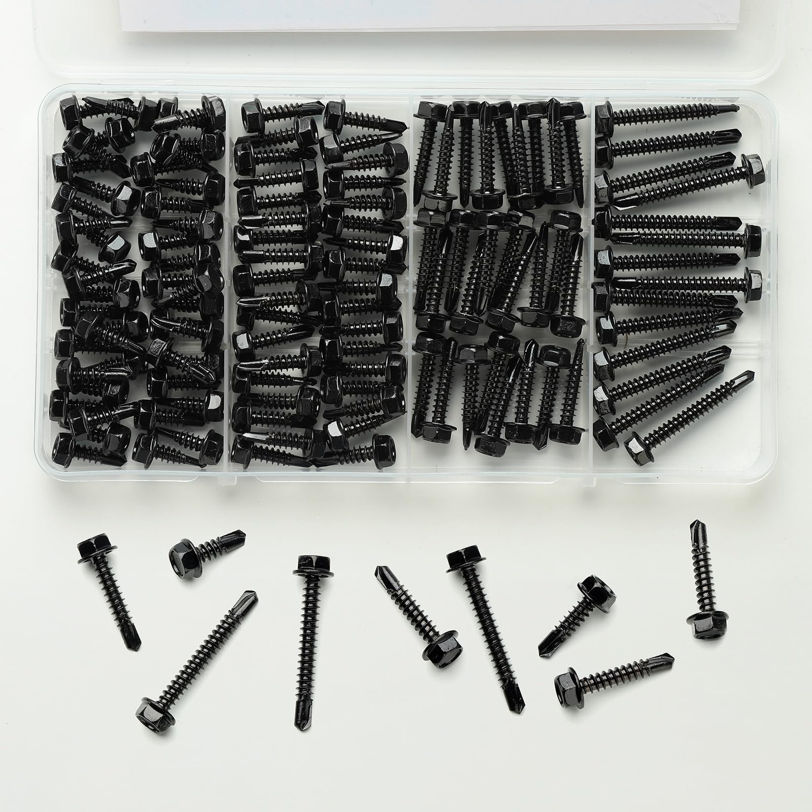 Kit di 121 viti autofilettanti nere in acciaio inox 410, viti autoperforanti per metallo, 5/8" 3/4" 1" 1-1/2", vite esagonale per lamiera