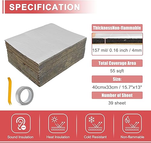 Miniatura 3 de ACROPIX Kit universal de almohadilla de amortiguación de calor de espuma de aluminio de 157mil 0.157 in 55sqft 15.7"x13" con cinta de aluminio y