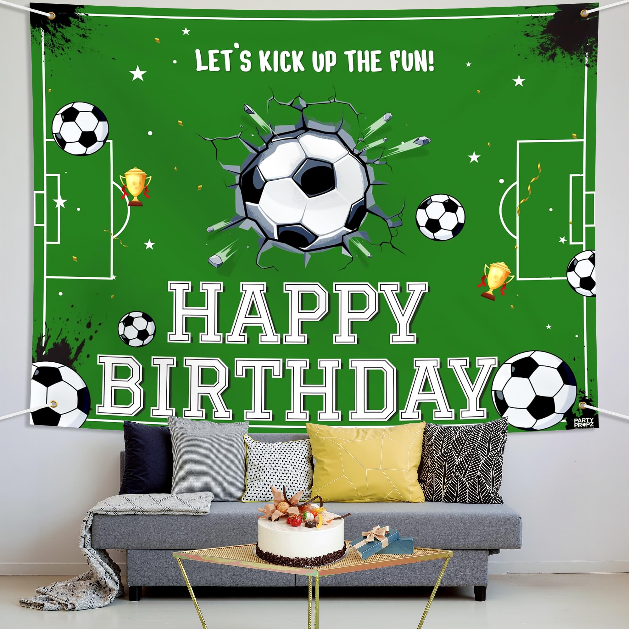 Party Propz Football Theme Birthday Decoration Backdrop (5x4 ft) 2 Pcs- Soccer Theme Happy Birthday Backdrop Banner Cloth with Ribbon, HBD Decoration for Boys