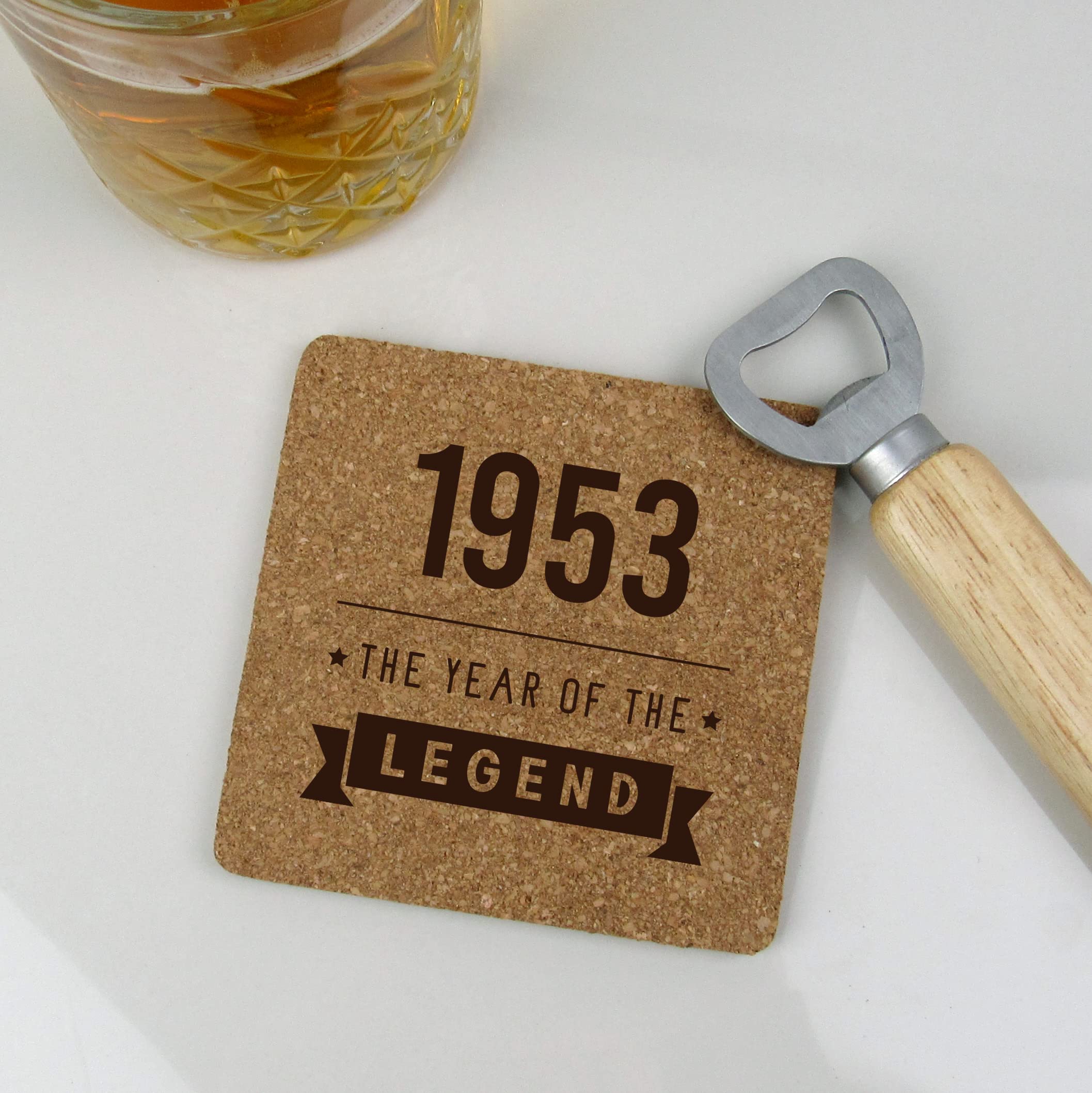 eBuyGB Engraved Square Cork Coaster -1953 Year of The Legend Design - 70th Birthday Gifts for Him, Men - Gift for Dad, Grandad, Friend - Drinks Mat, Placemat