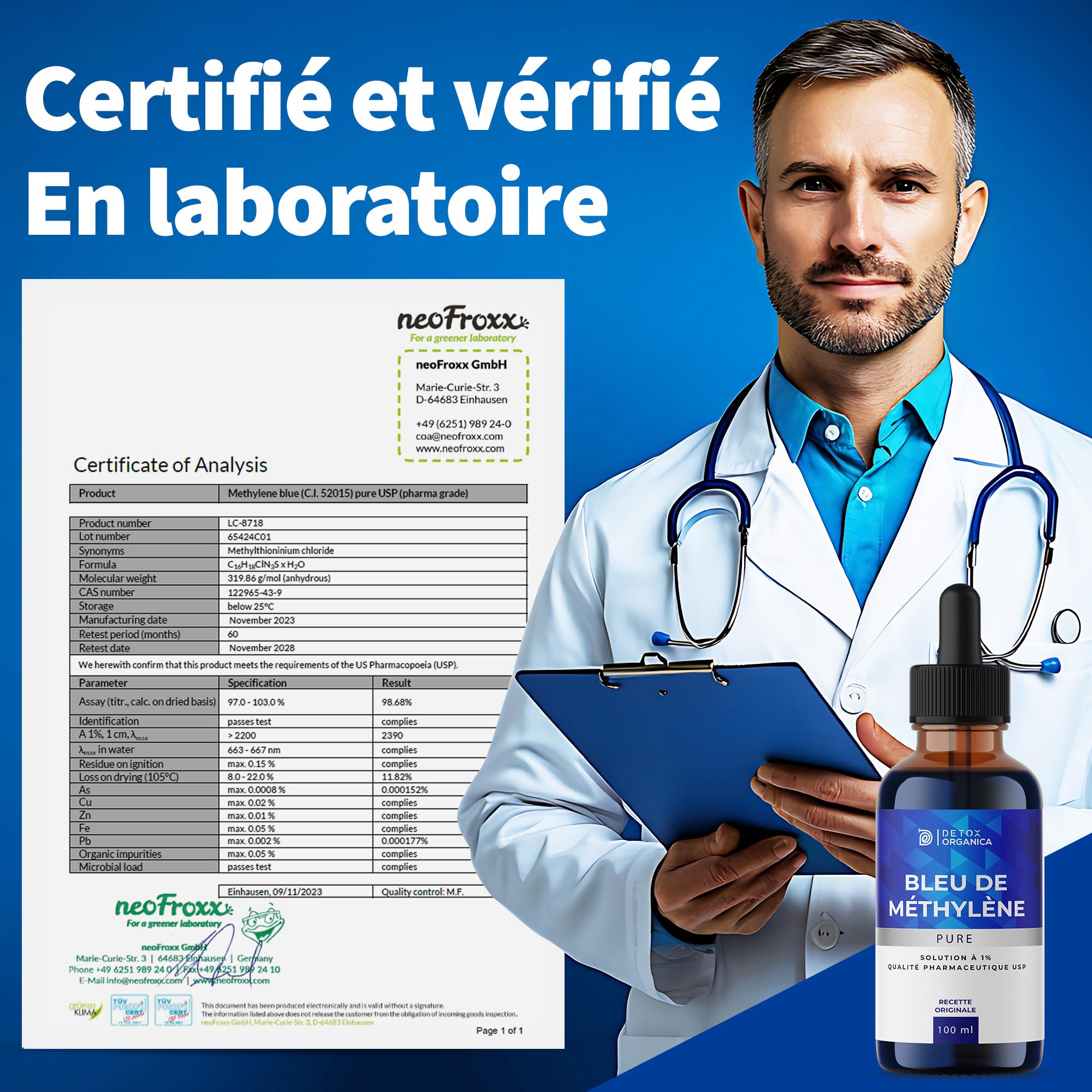 Detox Organica Bleu de Methylene Pur 100ml x2 Flacon Pipette | Qualité Pharmaceutique - Solution aqueuse 1% Premium, 100% USP - Fabriqué, Testé et certifié laboratoire Allemagne