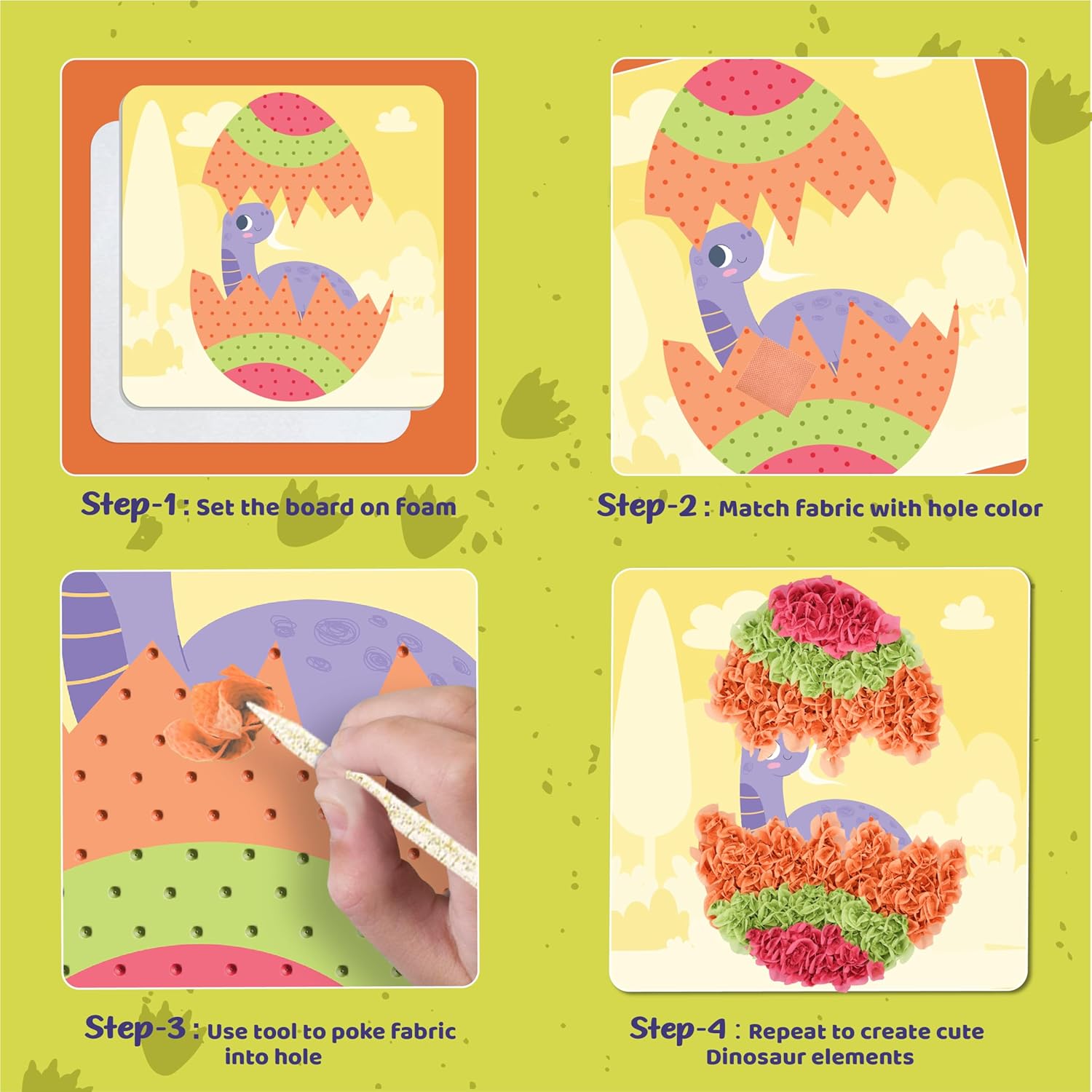 jackinthebox Poke Poke Art – Dinosaurs Theme, Mess-Free Fabric Art and Craft, Flower Pressing Kits, Gift for Kids, Easter Gifts for Girls and Boys Ages 4 5 6 7 8