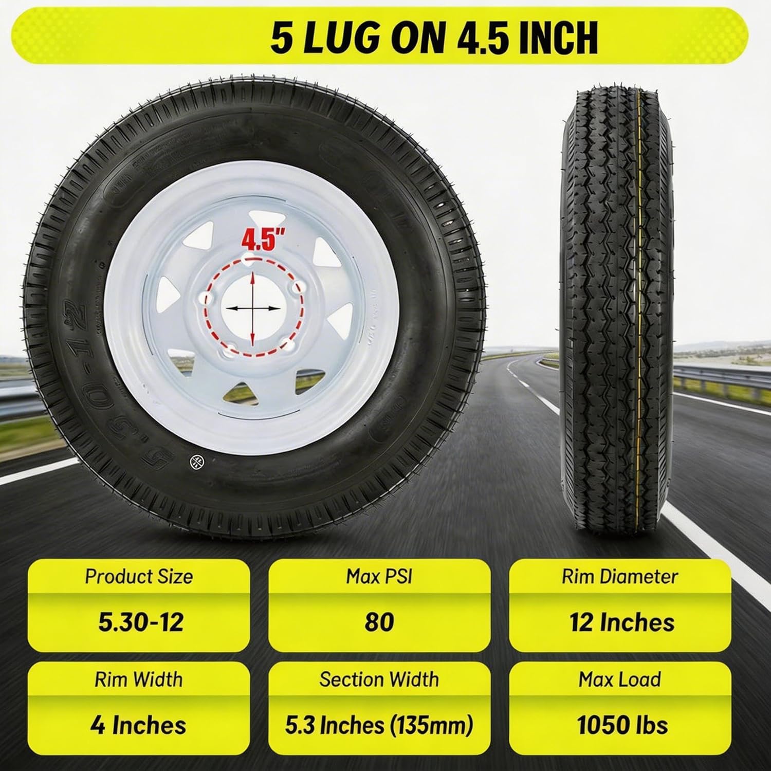 GarveeTech 2PCS 5.30-12 5.30x12 530-12 Trailer Tires with 12 in Rims, 2 Pack 5.30 12 Tire 5 Lug on 4.5 in, Center Bore 2.95", 6PR, Muti Function Lawn Mower & Tractor Turf & Boat Tire