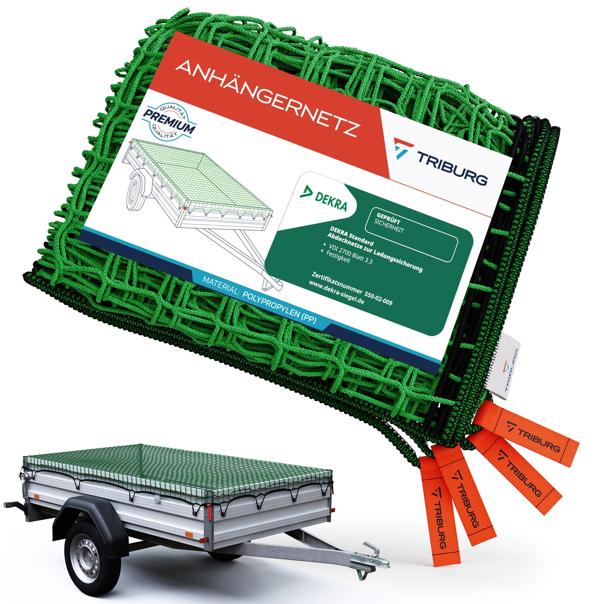 TRIBURG® Rete per rimorchio, 1,5 x 2,2 m, con marcature angolari, con tenditore in gomma per una sicurezza ottimale del carico, rete per rimorchio con corda elastica
