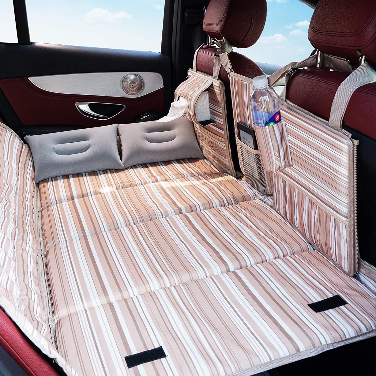 Allextreme CB-S03 Non-Inflatable Car Bed with Two Pillows Portable & Foldable Design Polyester Fabric Back Seat Sleeping Mattress & Multi Storage Organizer for Baby Kids Travel Picnic (Beige & Brown)