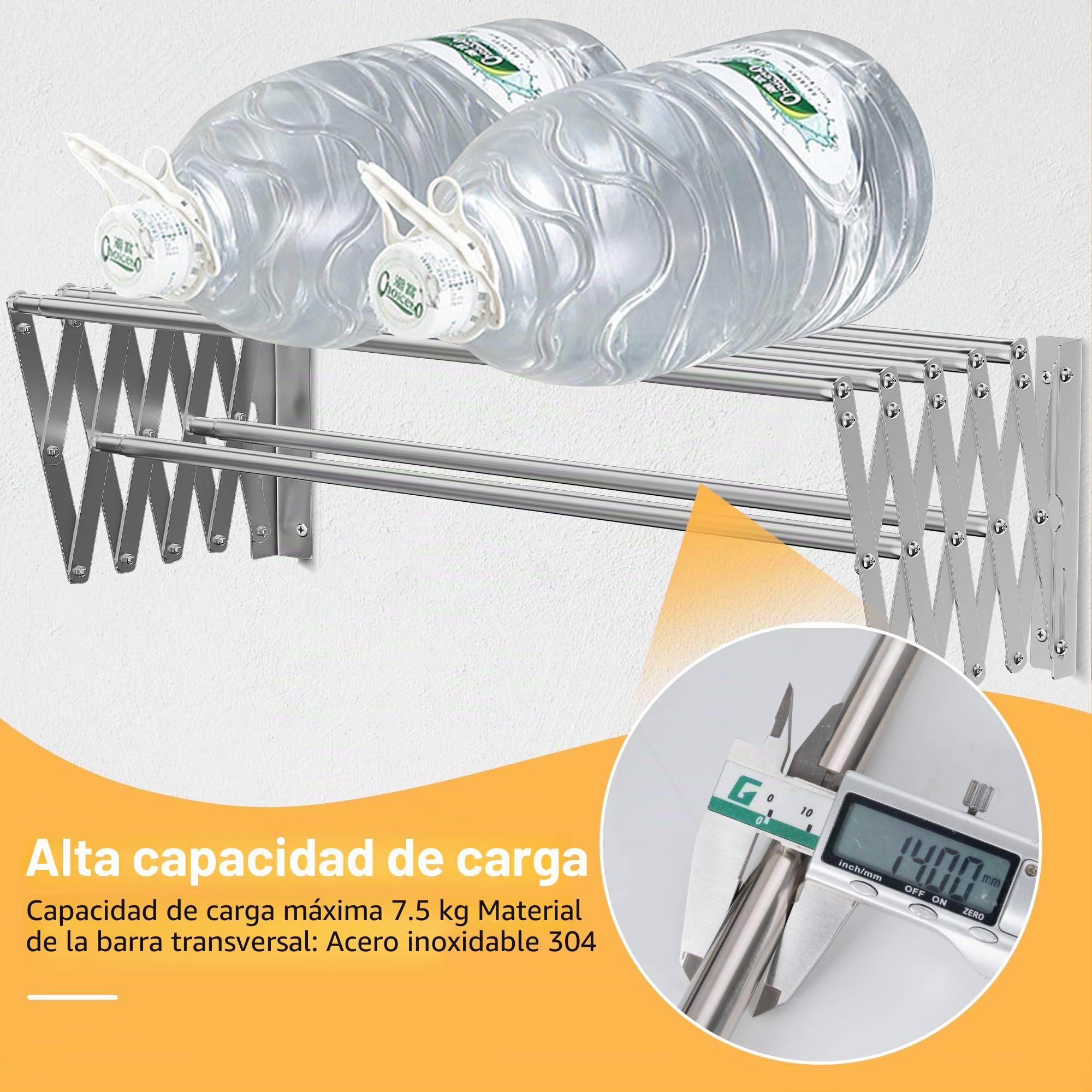OUUTMEE Tendedero de pared de acero inoxidable extensible, área telescópica frontal y trasera: 12~68cm, con siete varillas de tracción, capacidad de carga 7.5kg (Plata)
