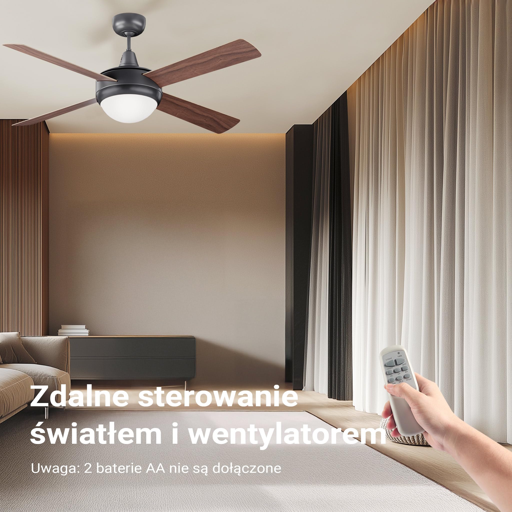 Wiltec Wentylator sufitowy Ø 122 cm z lampą, 4 łopatkami i 3 prędkościami, wiatrak z pilotem, timerem na 1/2/4 godziny, trybem letnim i zimowym