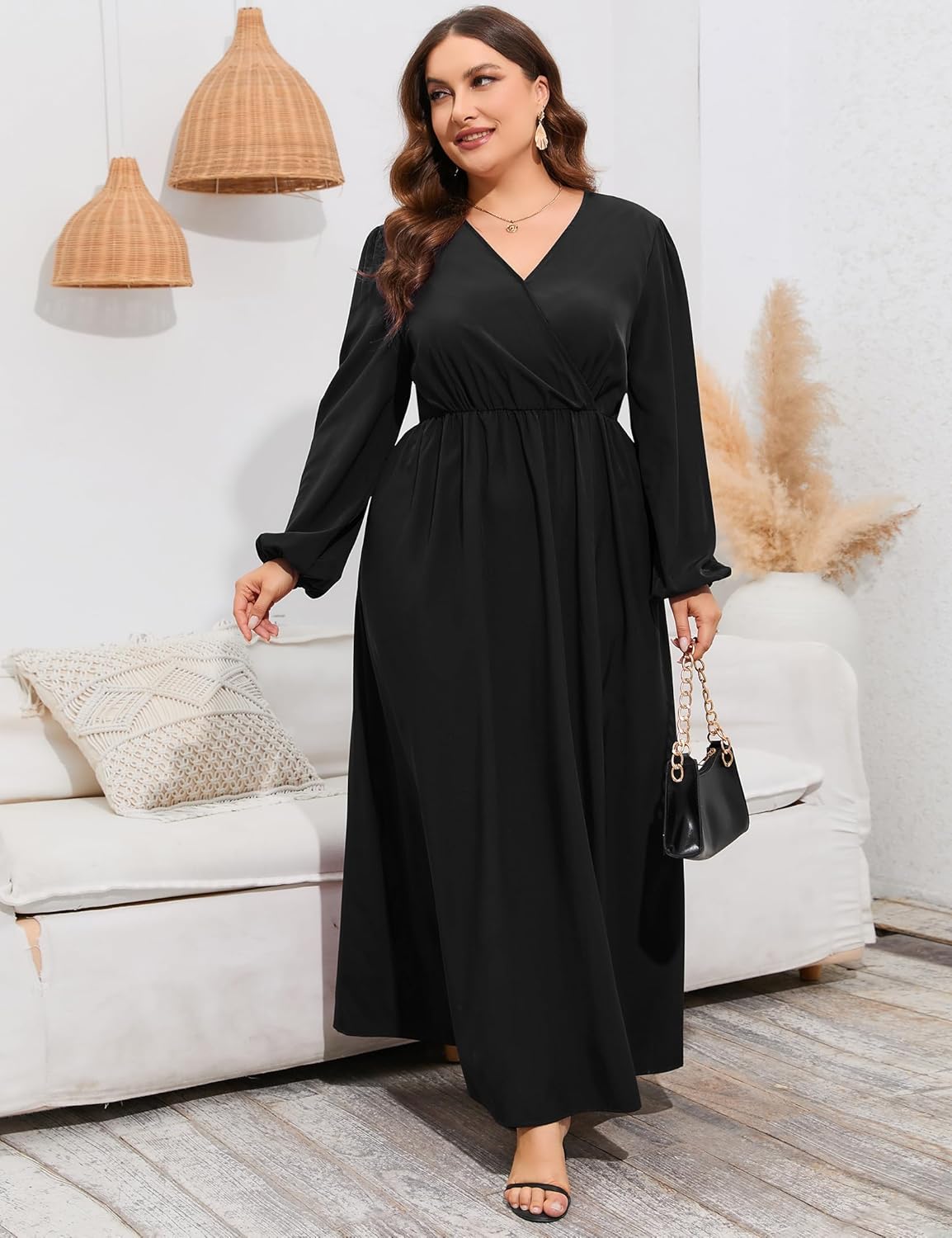 KOJOOIN Women's Plus Size Wrap Maxi Long Lantern Sleeves Empire Waist Split a Line Boho Casual Dresses - Image 2