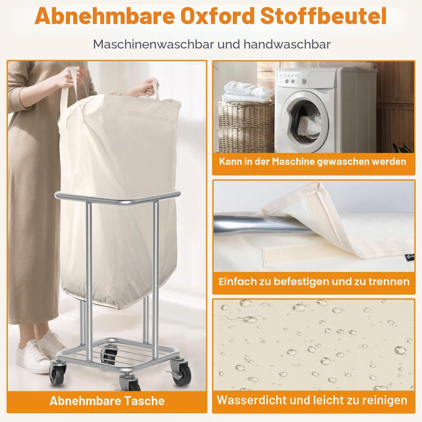 Hodonas Wäschekorb mit Rollen, 115 l, rollender Wäschekorb, großer Wäschekorb mit Stahlrahmen und abnehmbarer Tasche, Schlafzimmer, Badezimmer, Schlafsaal, Waschküche, Organisationskörbe, Beige