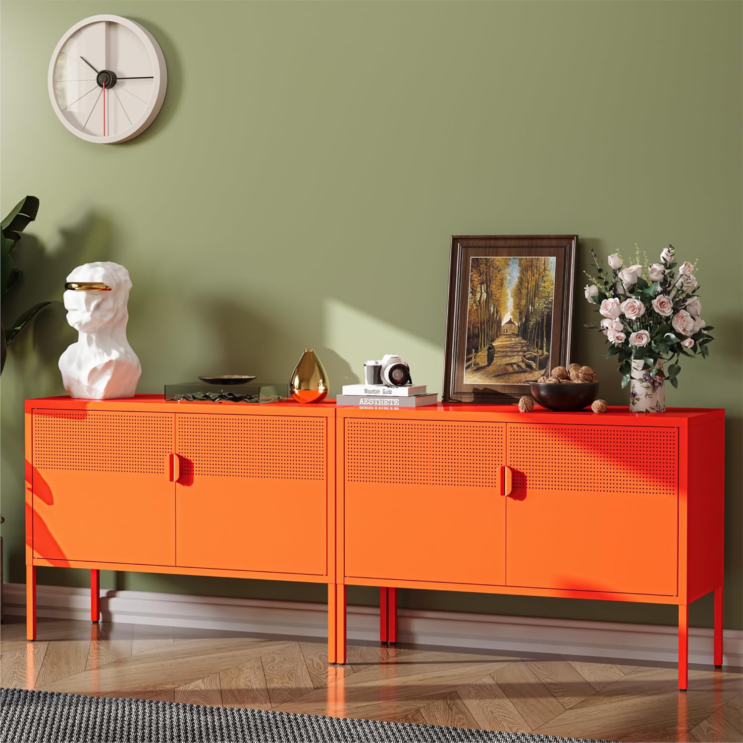 COFaR TV Stand for TVs up to 75 Inch, 40''L Media Console with Ventilation Doors, Metal Entertainment Center with Adjustable Shelves & 120Lbs Storage for Living Room & Bedroom, Orange