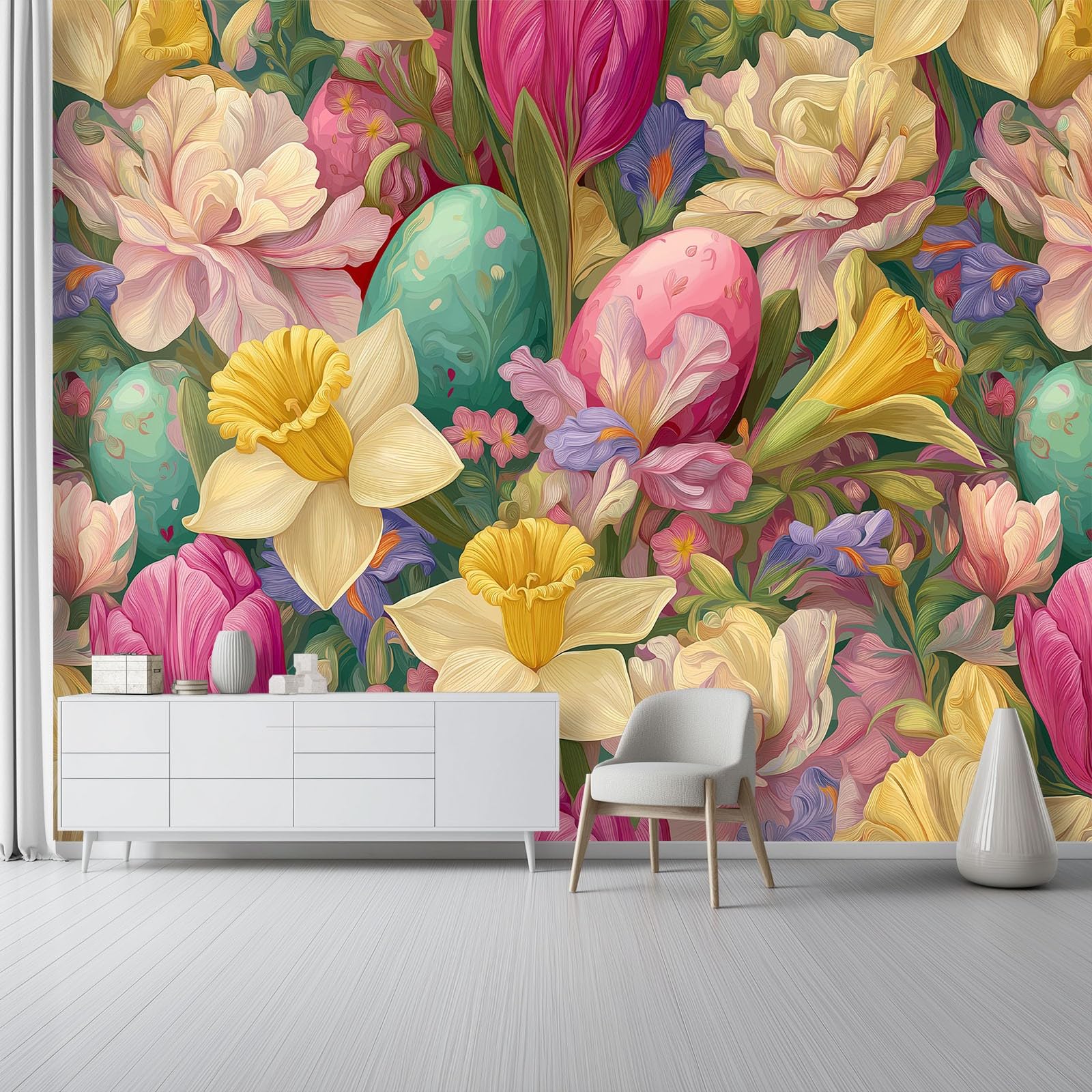Tapeta ścienna Malowane kwiaty pisanki styl malarstwo olejne na ścianę, dekoracja domu salon sypialnia, kolorowy druk HD, projekt artystyczny, pokrycie ścienne, 400 x 280 cm