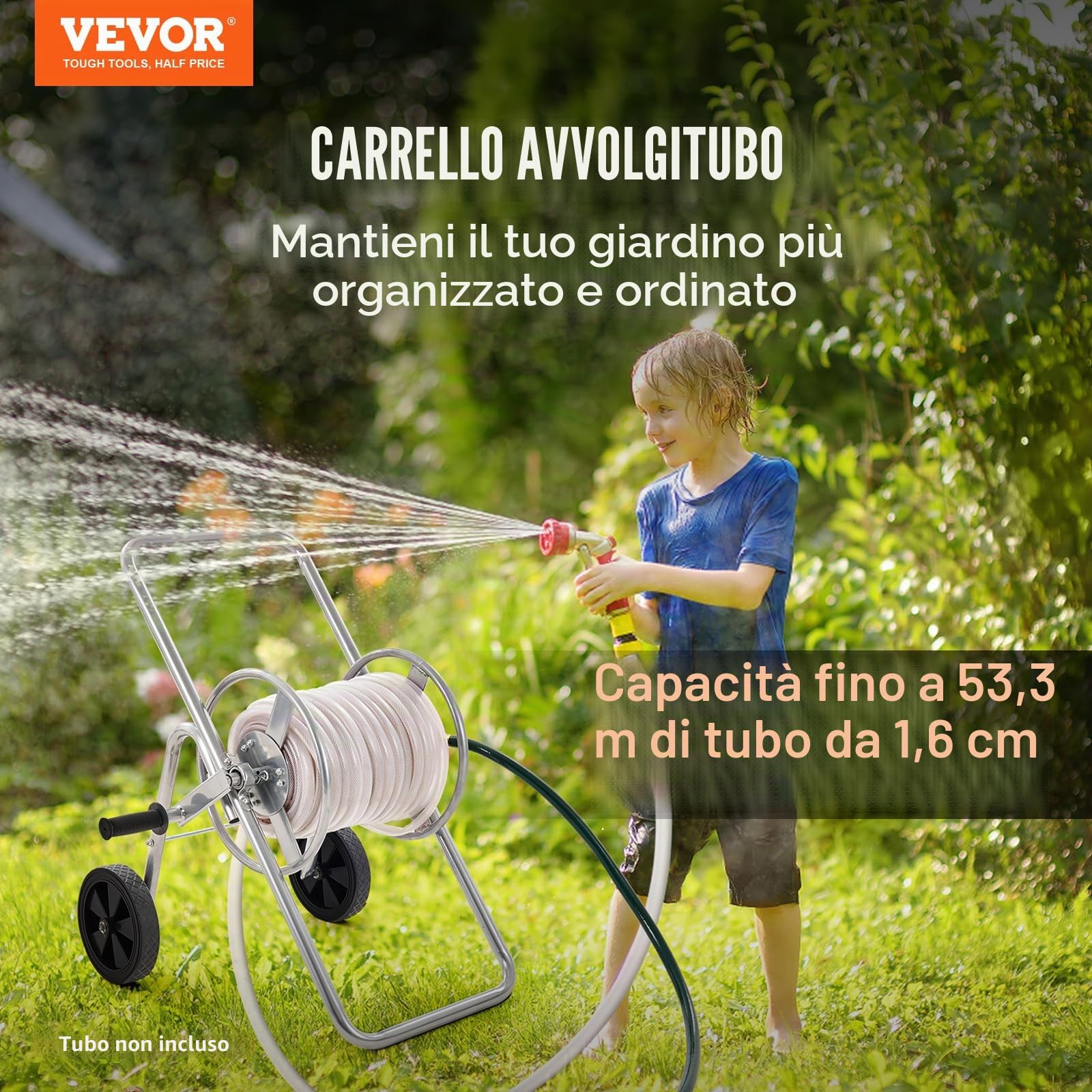VEVOR Carrello avvolgitubo, può contenere fino a 175 piedi di tubo da 5/8" (tubo non incluso), carrelli per tubi dell'acqua da giardino, strumenti mobili con ruote, acciaio verniciato a polvere